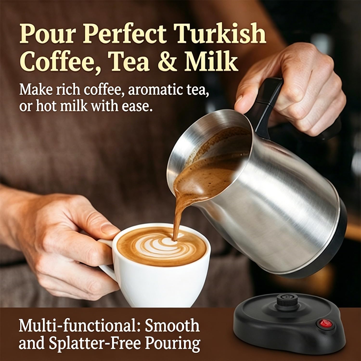 Cafetera turca eléctrica multifuncional para café expreso, tetera, leche y té, 600 W, acero inoxidable, con doble protección, mango ergonómico anti-escaldaduras, para fiestas (Enchufe de la UE)