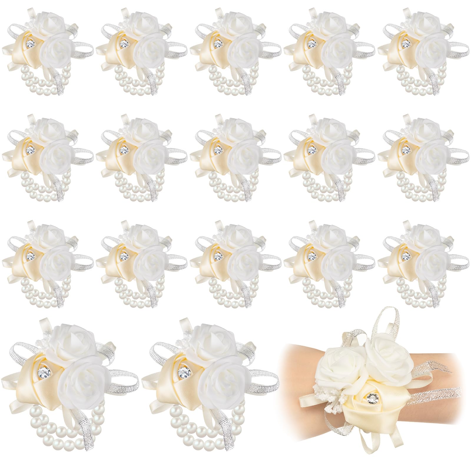 Zeyune 18 Pcs Prom Flower Wrist Corsages Hand Flower Corsage Wristlet Artificial Rose Corsage Bracelet Wristband for Wedding Bridal Bridesmaid Girl Ceremony (White)