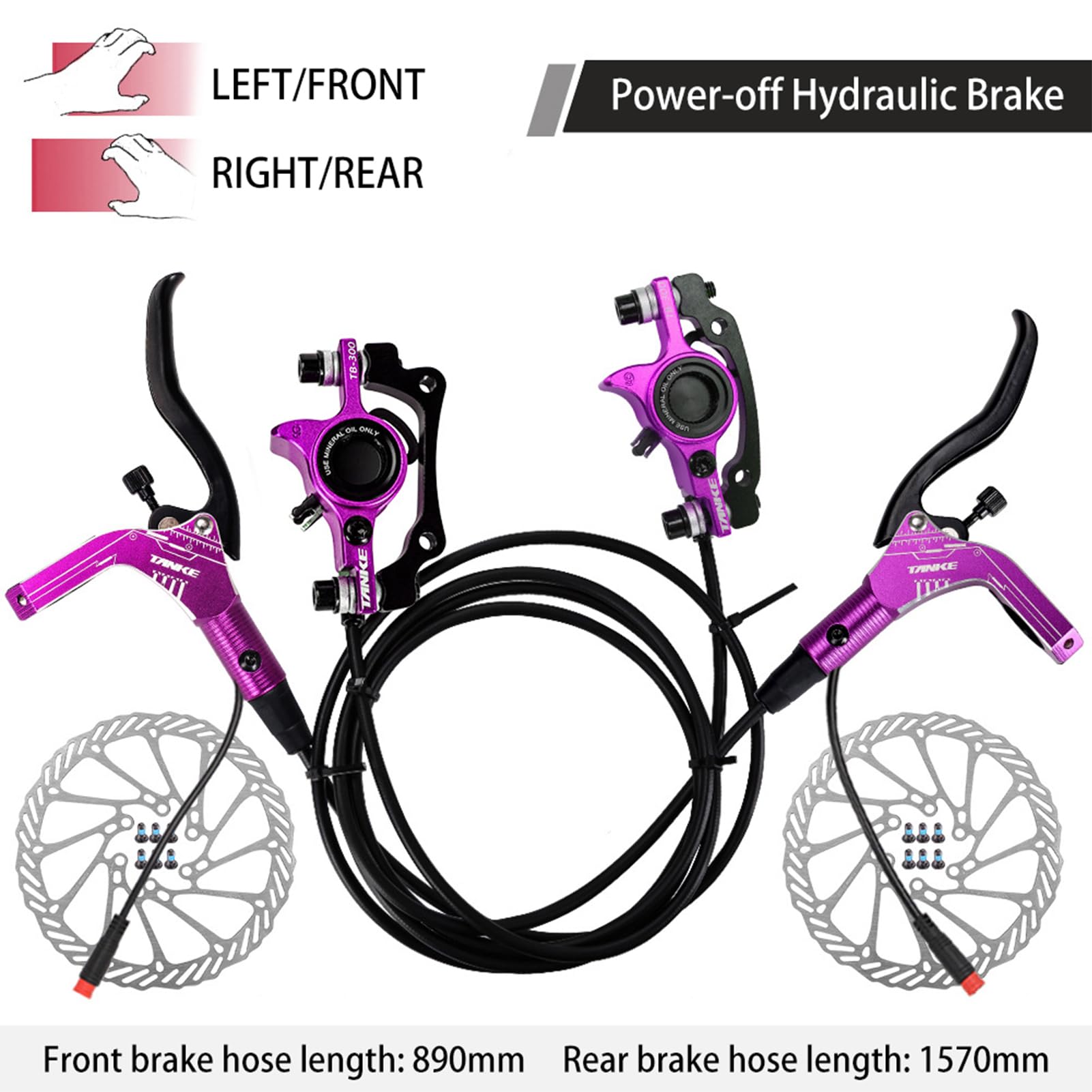 Buachois Fahrrad Scheibenbremssätze, Hydraulisches E-Bike Bremsenkit mit 160-mm-Bremsscheiben, Links vorne 89 cm und rechts hinten 147 cm Öldruck Bremssattelhebel für Elektrofahrrad Roller