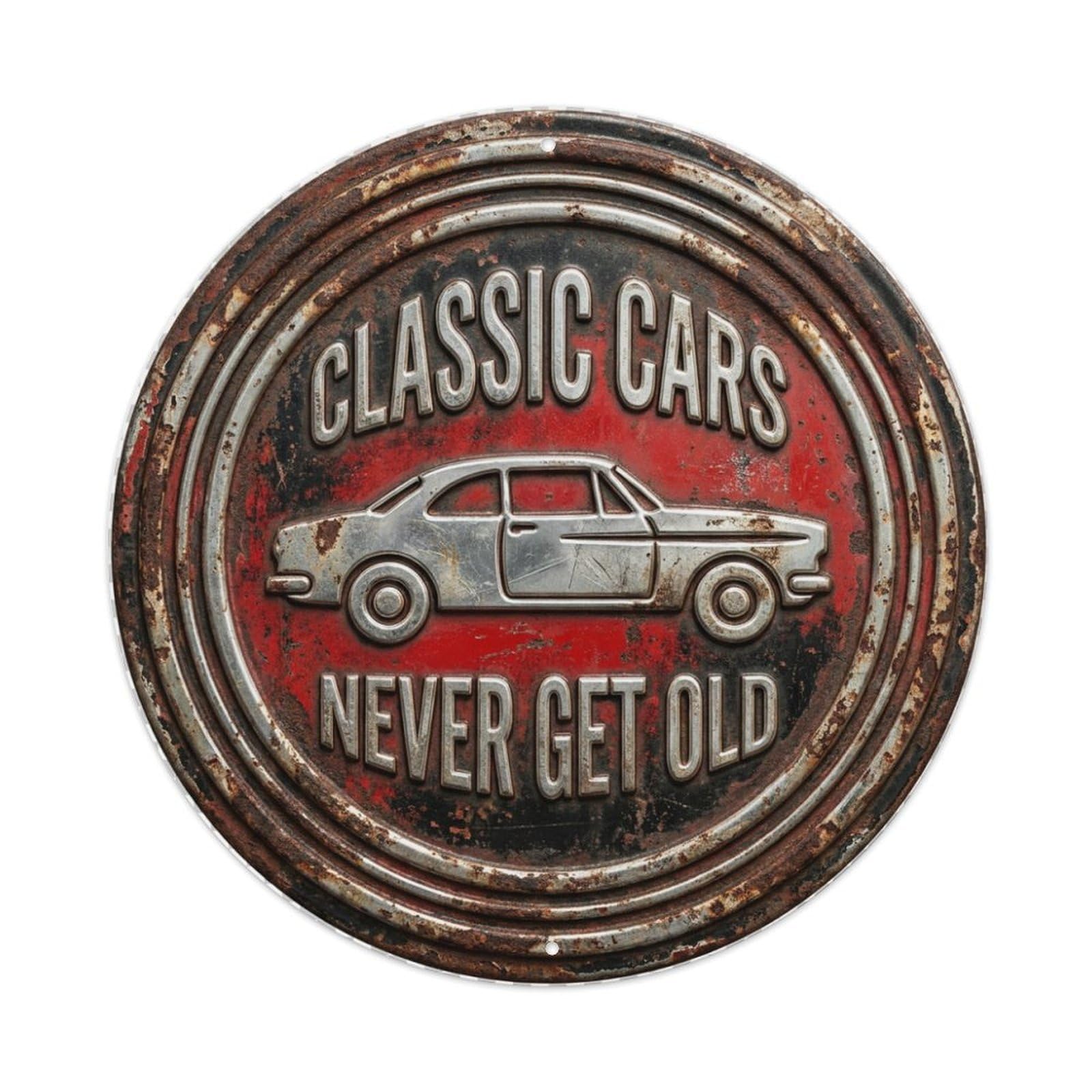 Classic Cars Never Old Vintage Workshop Display Retro Slogans Vintage Metal Tin Sign Plaque Wall Decor for Cafe, Club, Garden Round Metal Poster 8x8Inch