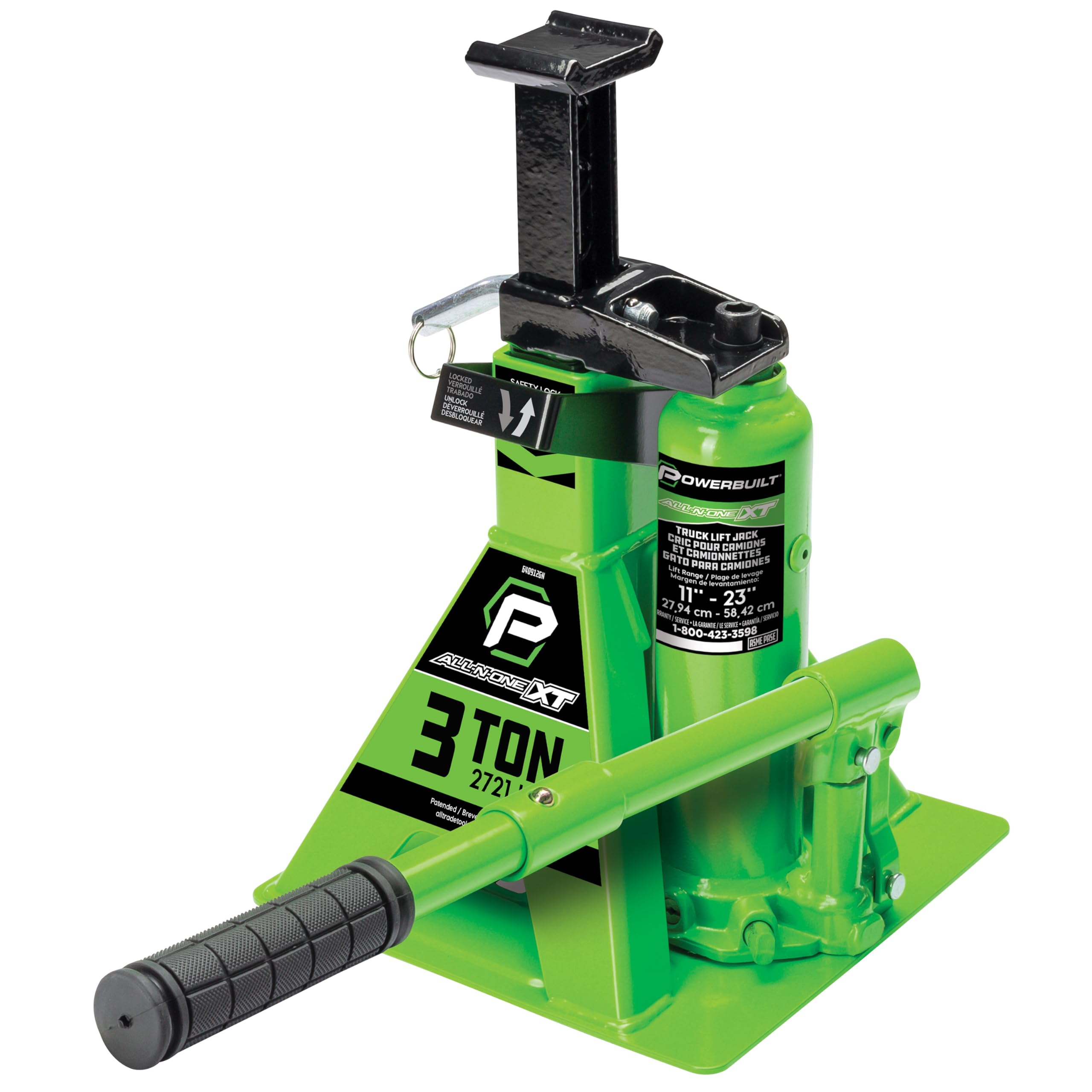 POWERBUILT 3 Ton All-in-One Hydraulic Bottle Jack and Jackstand in One, Compact, Wide Base, 11-21 Inch Range, Eliminates Jackstands, for Trucks, SUVs, RVs, Trailers, ASME, Not for Sedans - 640912