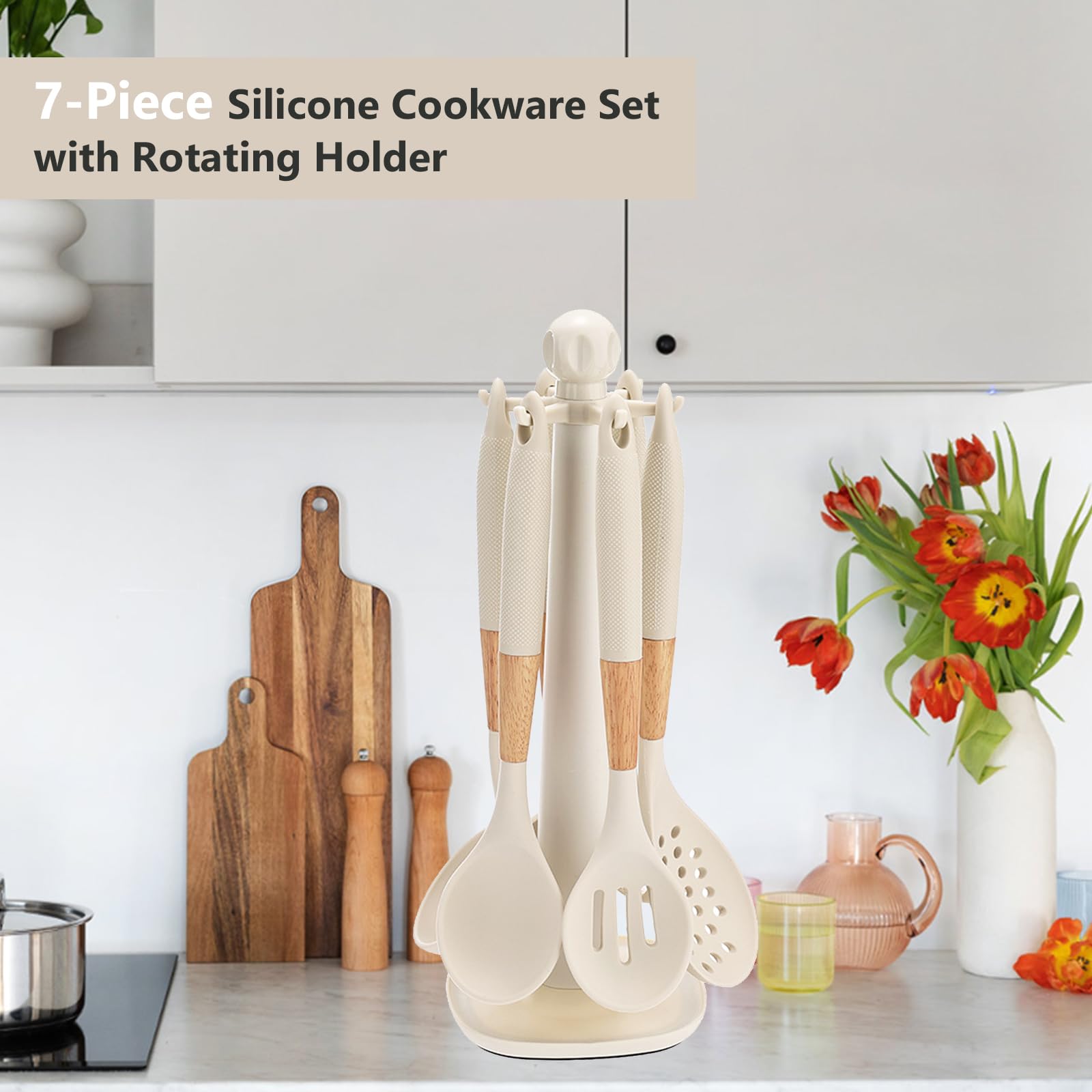 FTNESGYM Cooking Kitchen Utensils Set, 7PCS Silicone Cooking Utensil Set with Rotating Holder, Heat Resistant Kitchen Essentials, Kitchen Gadgets for Cookware (White)