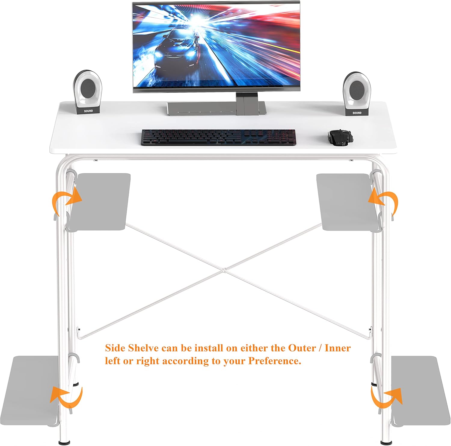 SHW Small Gaming Home Office Computer Desk with Shelf, White