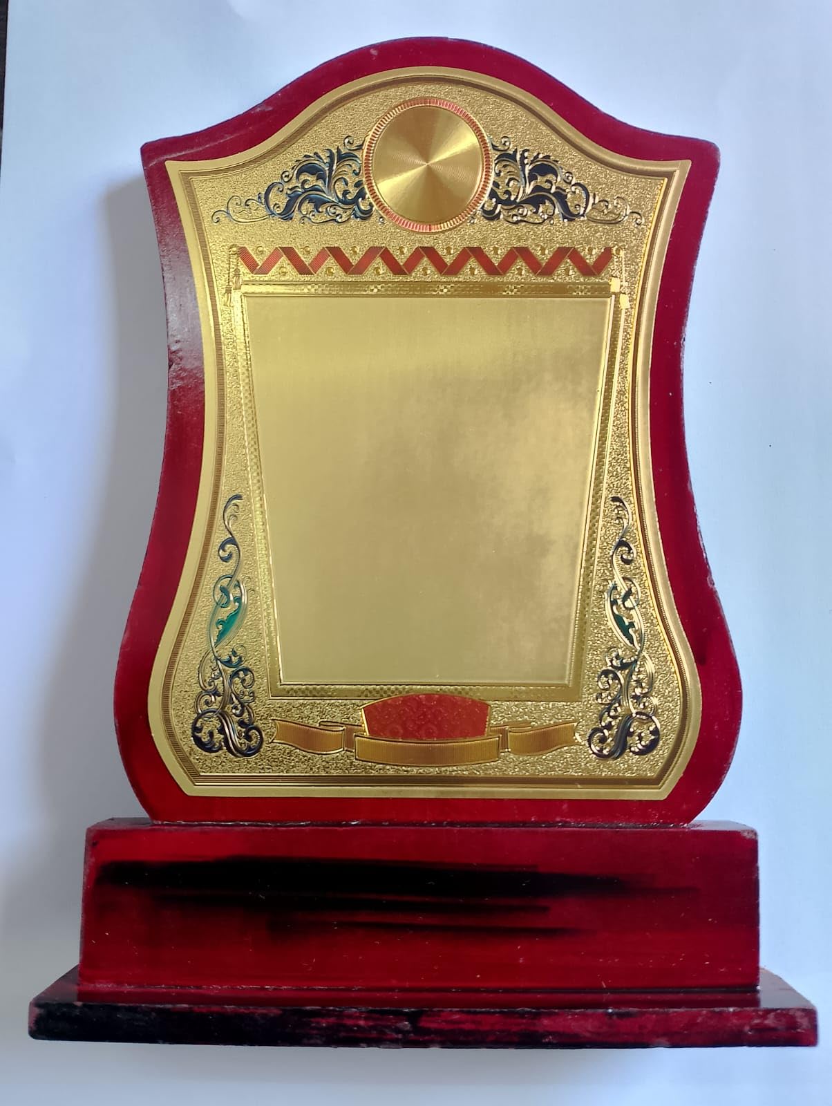 Wooden Shield Trophy Award – Red & Gold Memento with Blank Engraving Plate for Corporate, Sports & Achievement Awards | Customizable Momento-picture-23