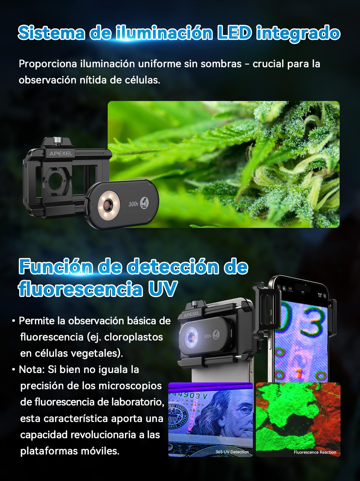 APEXEL Microscopio Portátil 300X para Smartphone - Explora el Micro Mundo