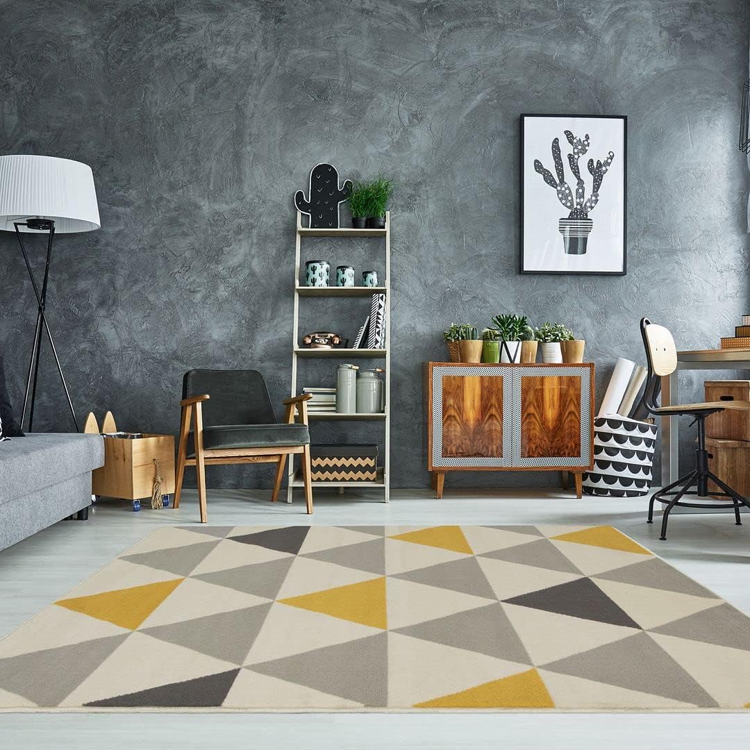 Milan Ochre Mustard Yellow Grey Beige Harlequin Triangles Traditional Living Room Rug