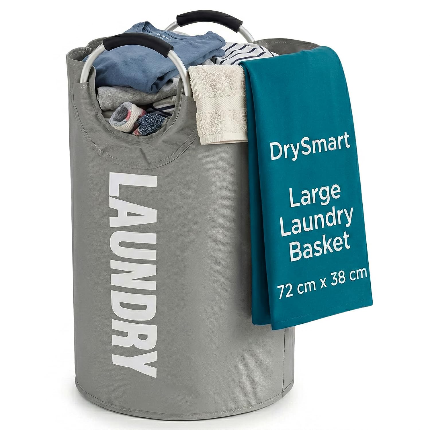 DrySmart 82L Large Collapsible Laundry Basket with Padded Handles, Foldable Washing Basket & Freestanding Tall Laundry Hamper, Clothes Hamper for Kids, Home & Bathroom (Grey)
