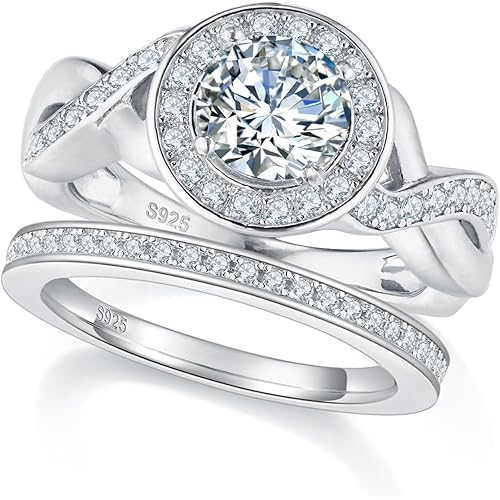 Halo Moissanite Wedding Ring Sets 3.2/1.8cttw Round Cut D Color VVS1 White Gold Plated Sterling Silver Anniversary Engagement Ring for Women