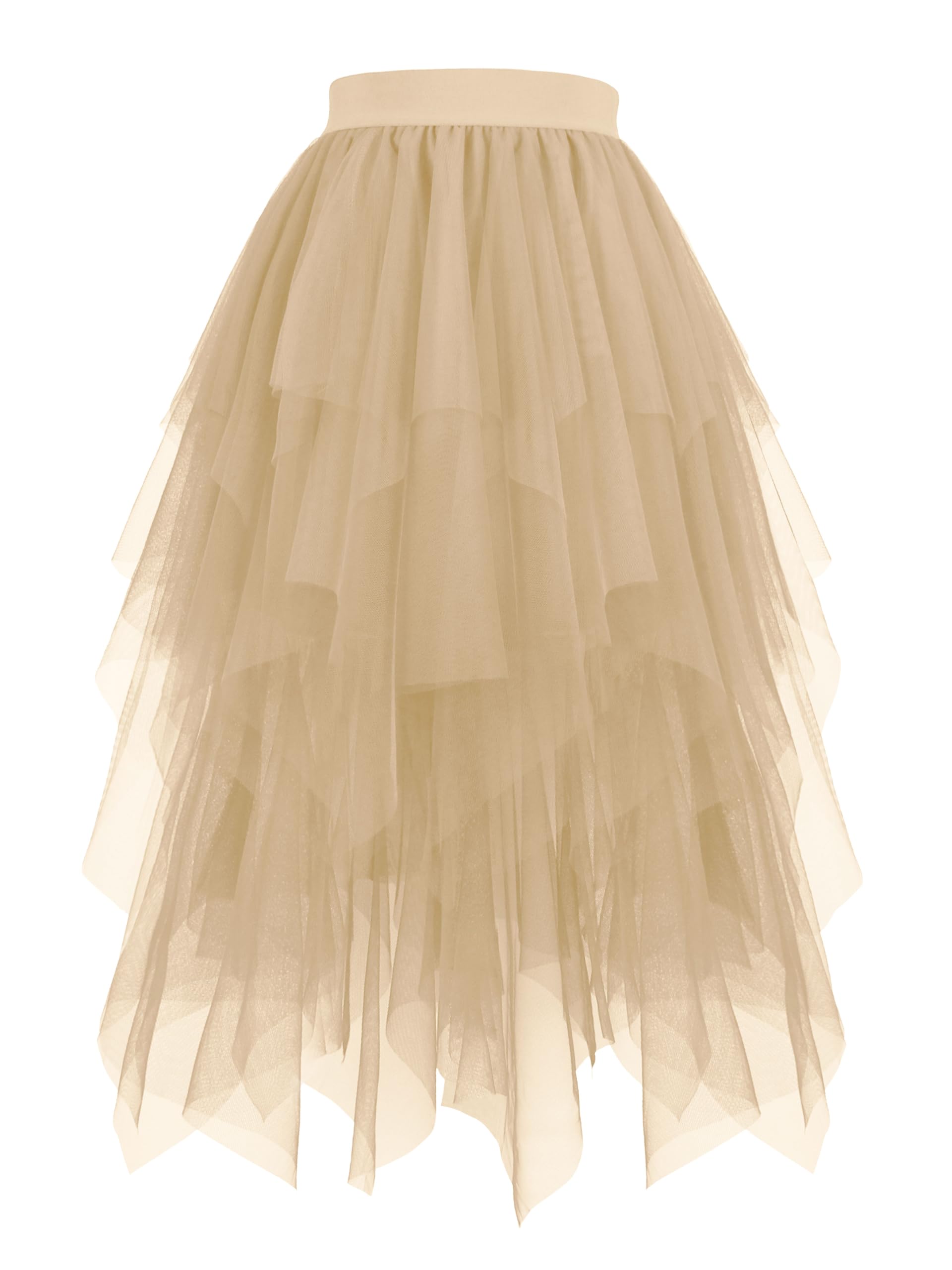 Hanpceirs Damen Tüll Röcke High Low Layered Puffy Fee Röcke A-Linie Midi Rock Unregelmäßiger Tutu Rock Champagne XL