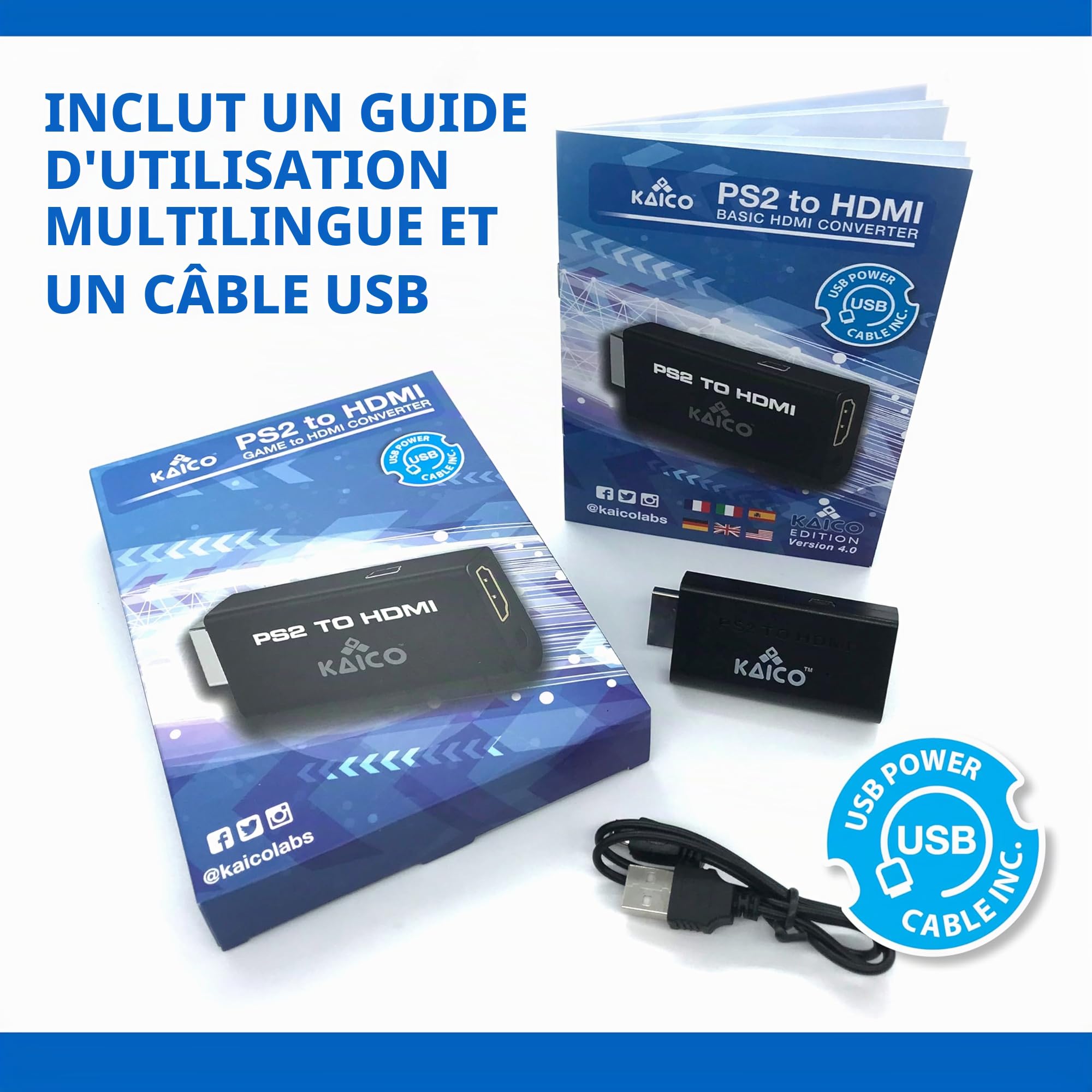 Kaico Edition - PS2 to HDMI Converter - Play PS2 on HDMI TV - Retro Gaming Adapter | Prend en charge 480i, 480p, 576i, 576p et 1080i, avec audio intégré, câble Micro USB et support 12 mois