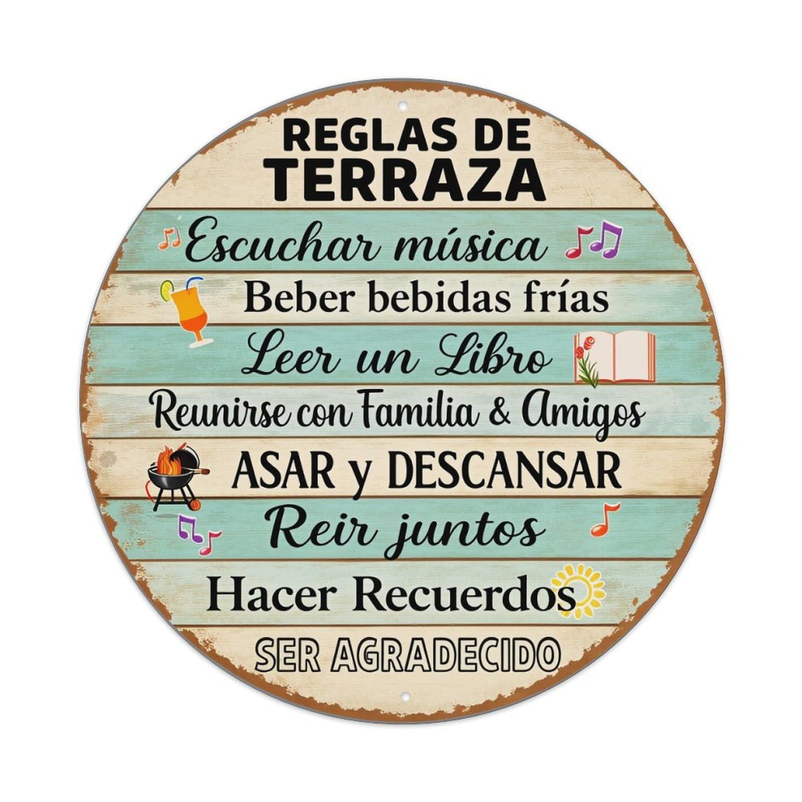 Terrace Rules Music Drinks Book Friends Grill Rest Memories Grateful Round Tin Sign Retro Metal Sign for Cafe Bar Pub Home Game Room Gym Club Wall Decoration Vintage Metal Poster 8x8 Inch