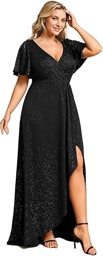 Ever-Pretty Vestidos formales con mangas con purpurina y volantes altos y bajos para mujer, talla grande, 1738-DAPH