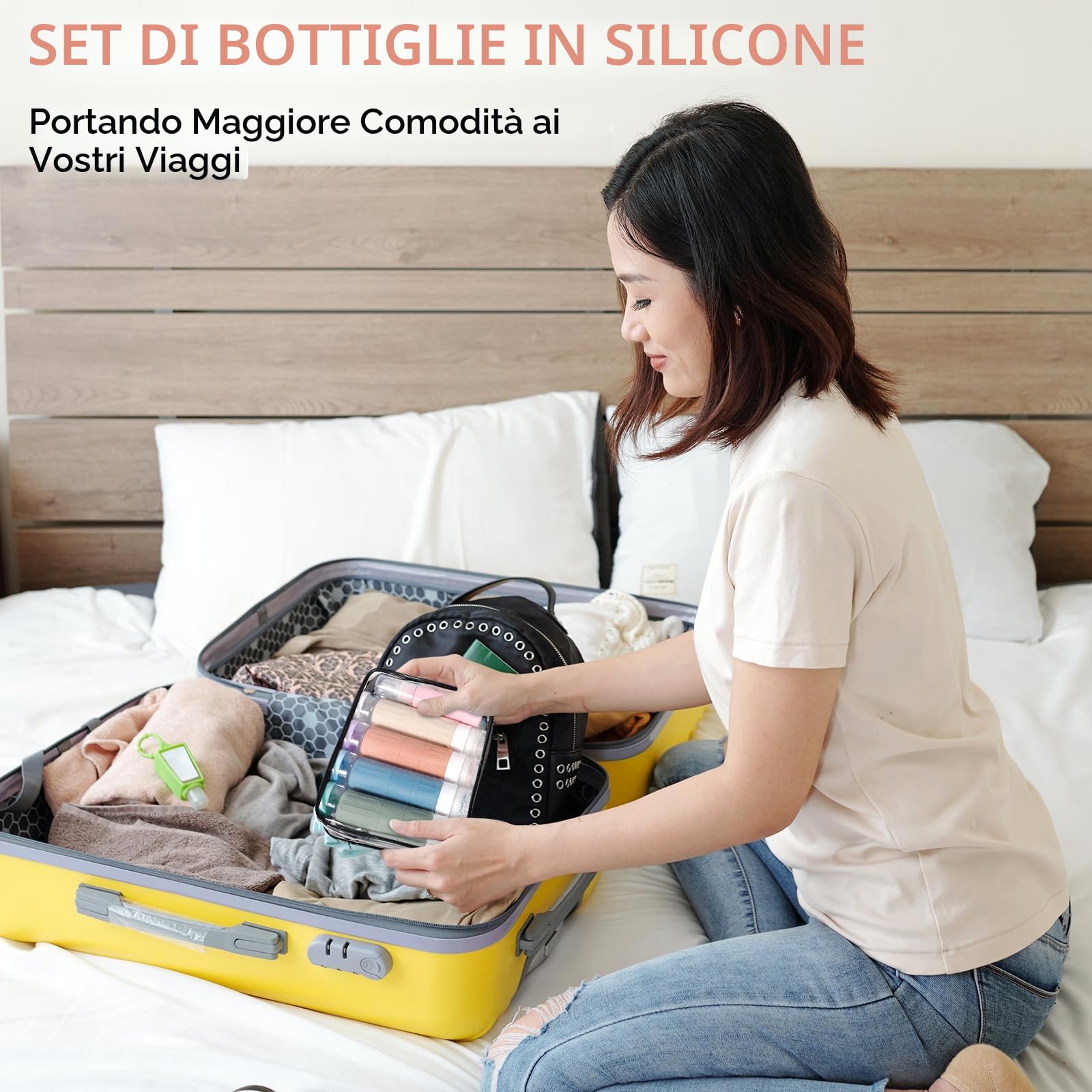 JAMATA Set da Viaggio 16pz in Silicone 100ml,Flaconi Ricaricabili Senza BPA per Shampoo,Lozione e Gel Doccia,Kit Liquidi Aereo con Valvola Anti-fuga,Trousse Inclusa, Ideale per Viaggi Aerei e Outdoor