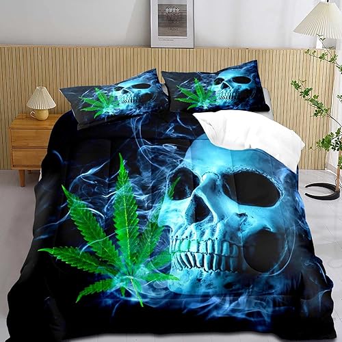 LUVIVIHOME Juego de edredón de 3 piezas de calavera azul, tamaño King, juego de ropa de cama gótico de esqueleto 3D de terror, colcha negra de