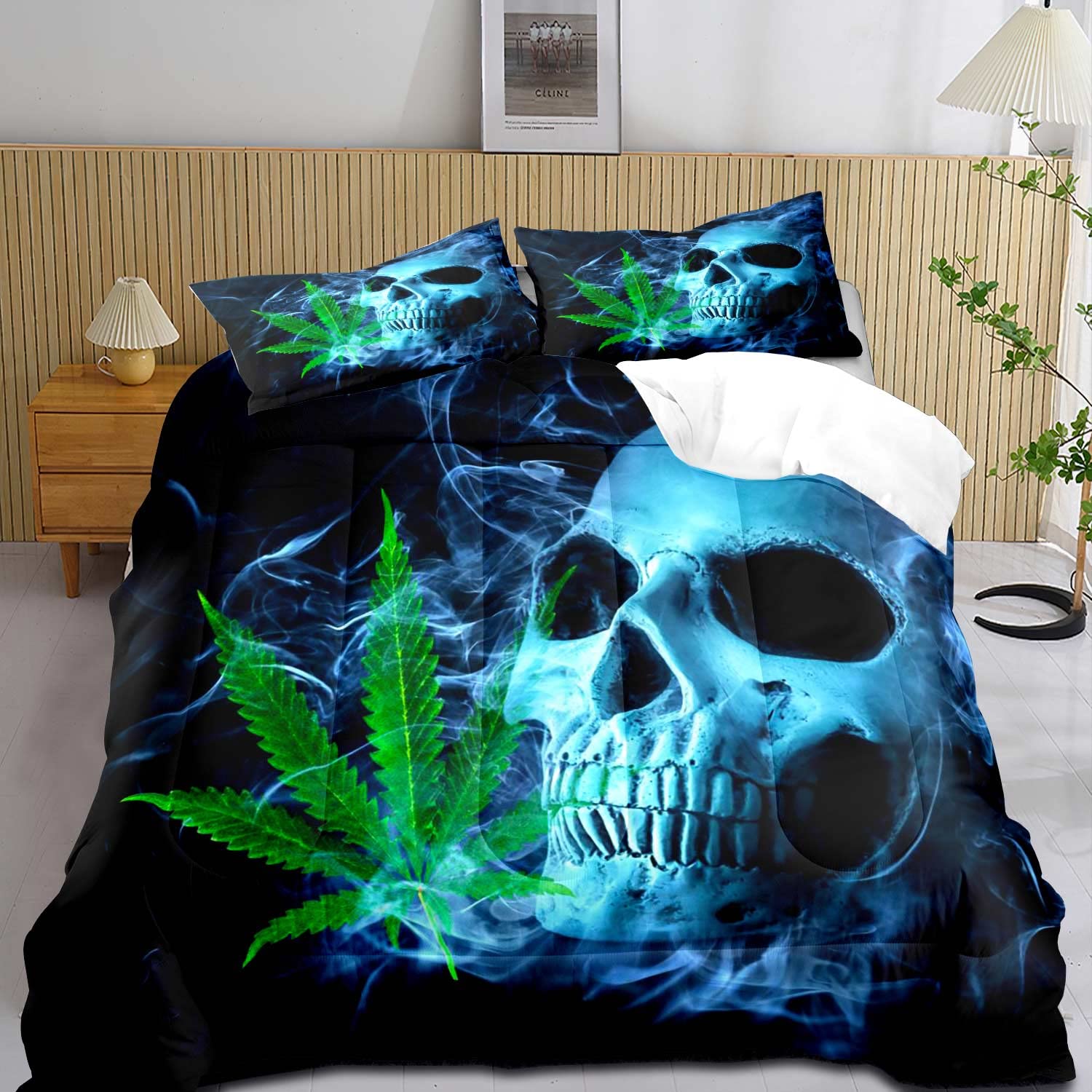 LUVIVIHOME 3PCS Blue Skull Comforter Set Queen Size, Horror 3D Skeleton Gothic Bedding Set, Green Weed Leaf Cannabis Black Quilt, Cool Bedroom Decor for Men Teens Boys, Marijuana Gifts, 2 Pillow Shams