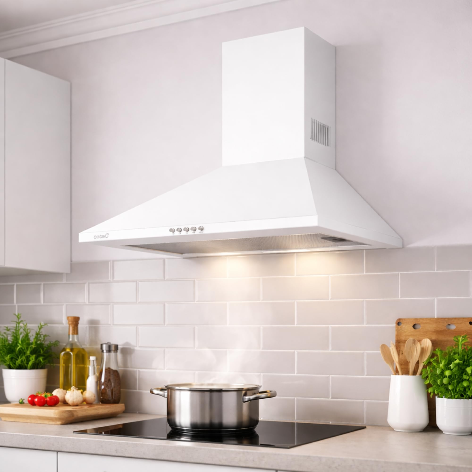 Cata | Cappa aspirante | Modello OMEGA II 600 WH | Campana decorativa da parete | 3 livelli di estrazione | Larghezza 60 cm | Finitura bianca | Classe di efficienza energetica C