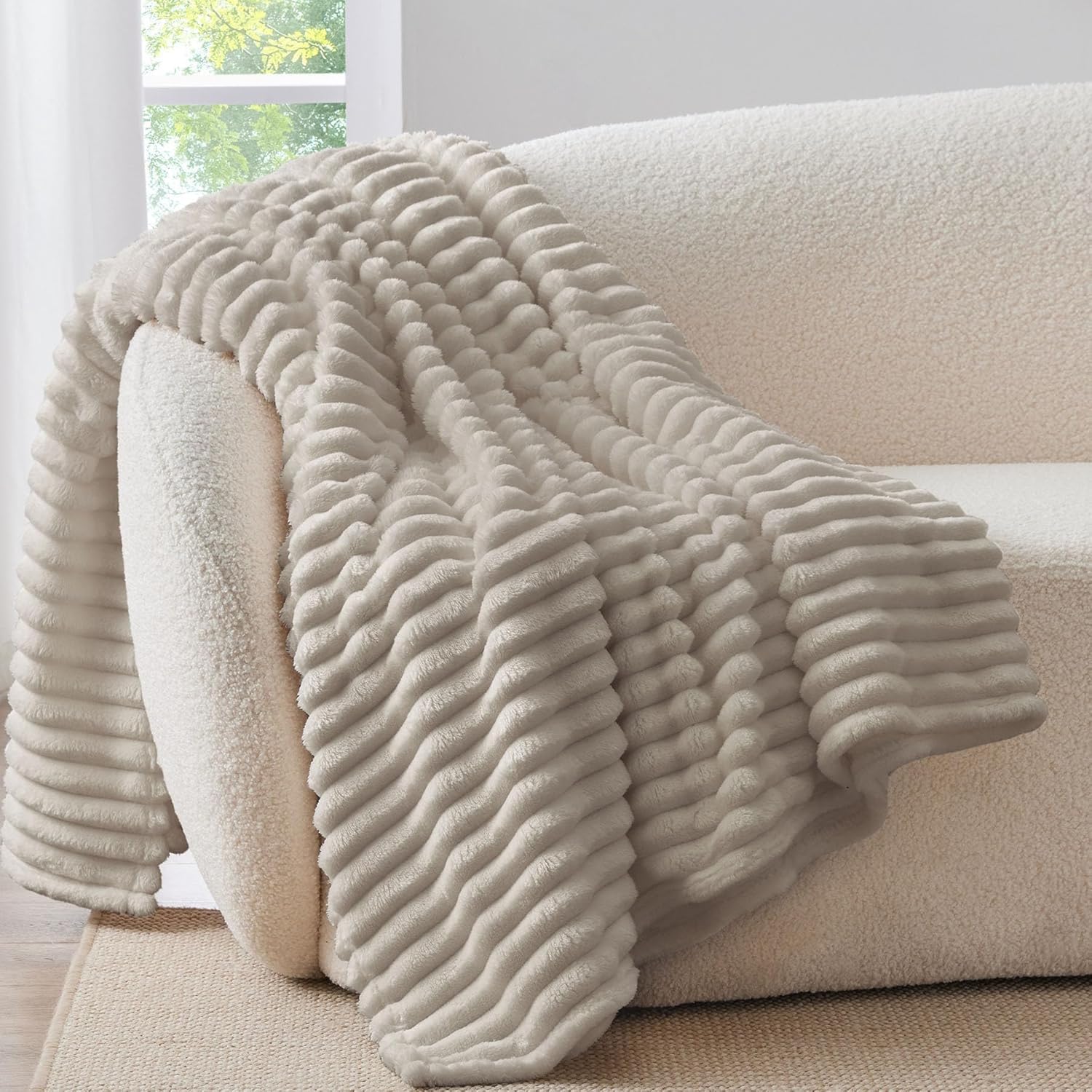 BEDELITE Fluffy Fleece Throw Blanket, Striped Decorative Soft Warm Gift for Sofa Bed Couch, Throw Size, Cream White — view 11