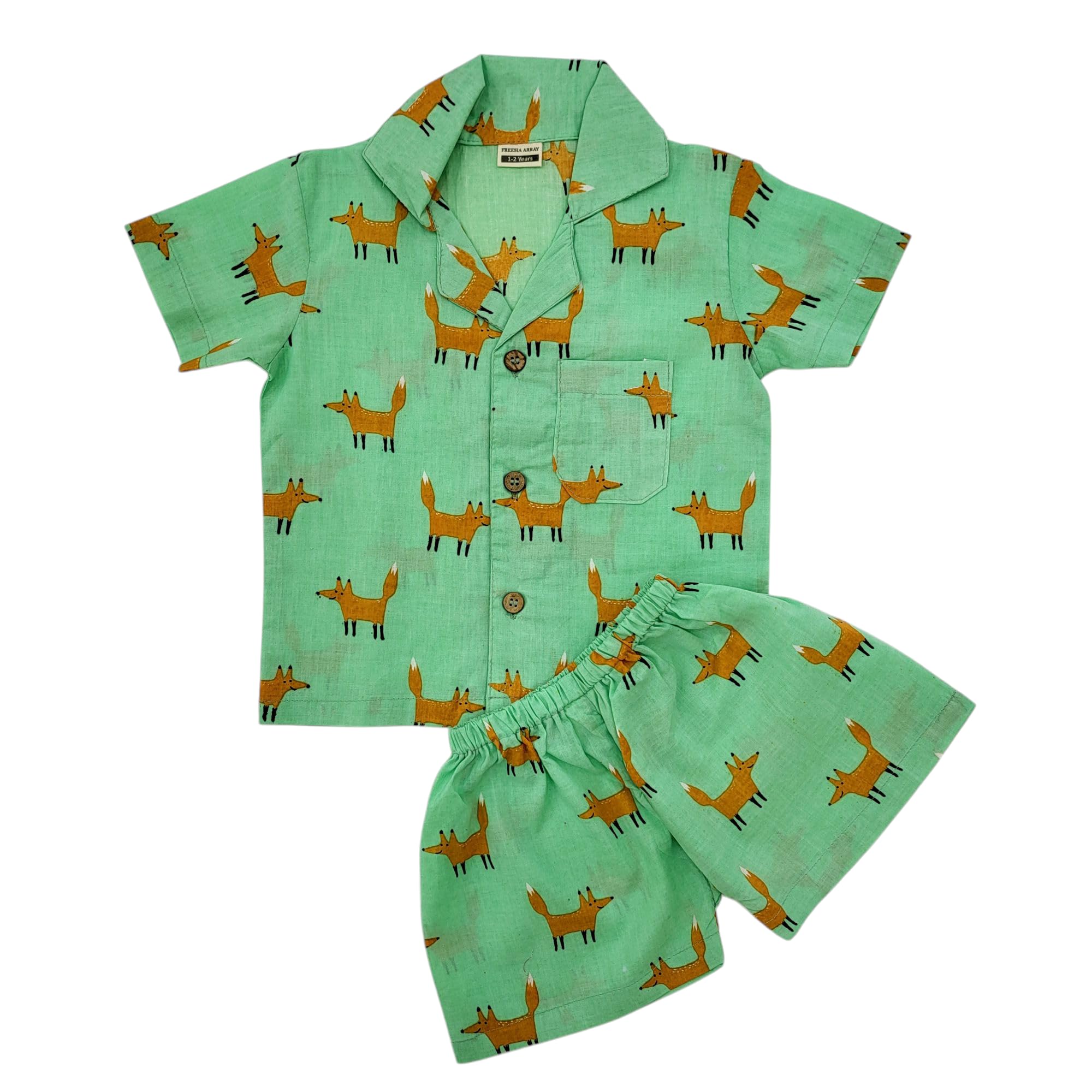 freesia array Unisex Cotton Fox Printed Green Shorts Set for Kids-picture-1