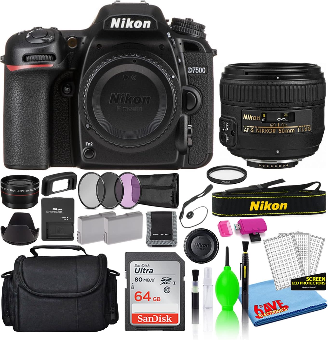 Nikon D7500 20.9MP DSLR Digital Camera with AF-S 50mm f/1.4G Lens (1581) Deluxe Bundle with 64GB SD Card + Large Camera Bag + Filter Kit + Spare Battery + Telephoto Lens (Renewed)