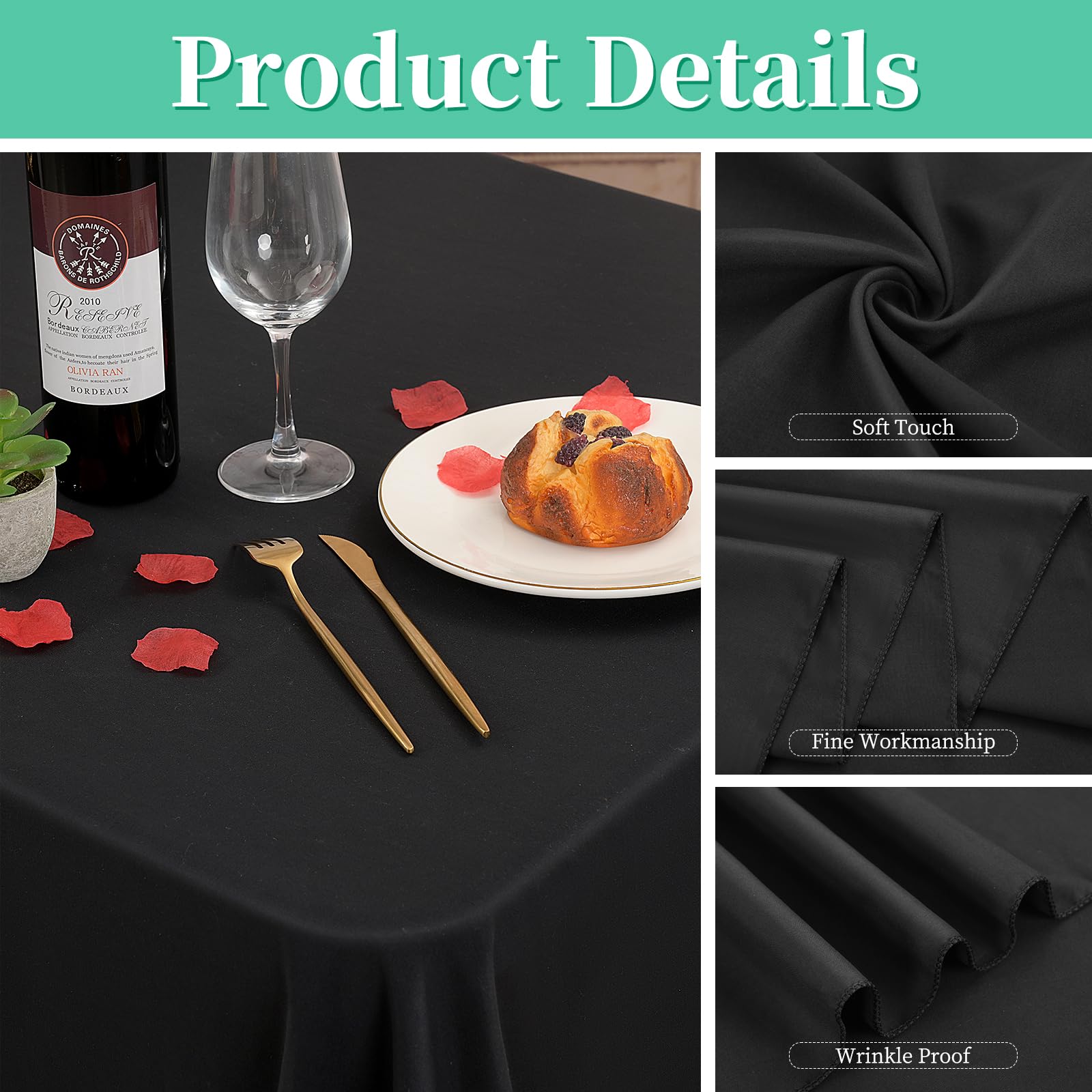 Tovaglia rettangolare nera, 152 x 300 cm, tovaglia per tavoli rettangolari da 1,8 m, impermeabile e resistente alle pieghe, lavabile, decorativa in tessuto decorativo per tavolo da pranzo, feste e uso