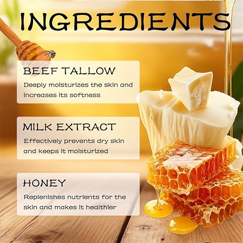 Miniatura 5 de Sebo de ternera para la piel, sebo de carne alimentada con pasto, miel y cera de abejas, crema de sarga batida para una cara y cuerpo nutritivos