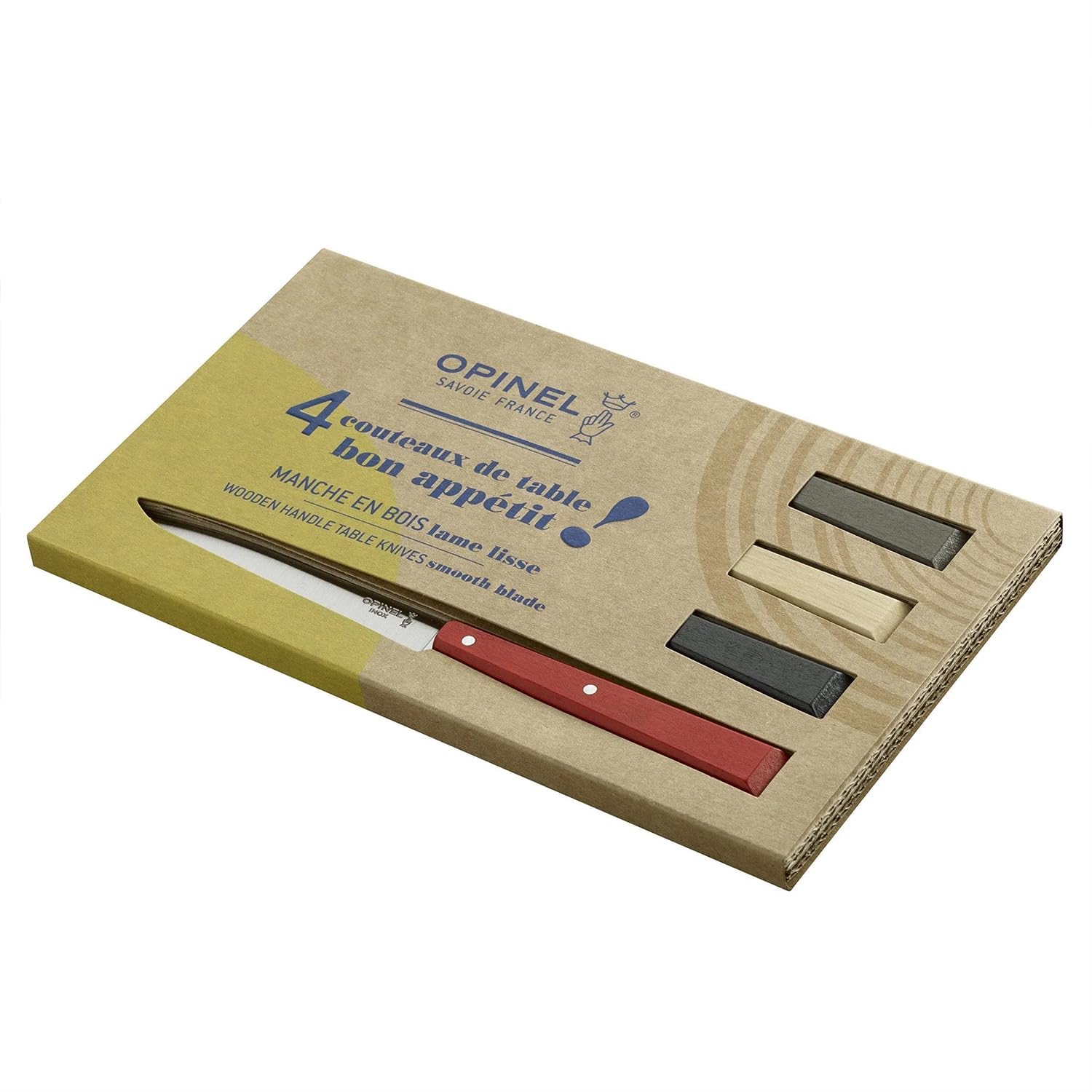 Opinel - Boîte de 4 Couteaux de Table N°125 Bon Appétit Loft - Lame Acier Inox - Manche Charme - Fabrication Française - Rouge, Noir, Bois Naturel et Poivre