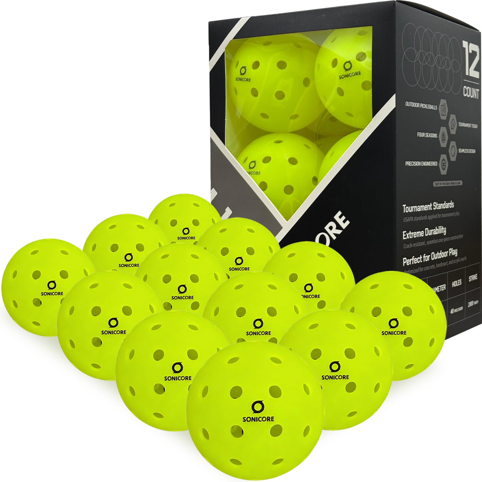 SONICORE Palline da pickleball da esterno di alta qualità, confezione da 12, estrema durata, conformi agli standard USAPA