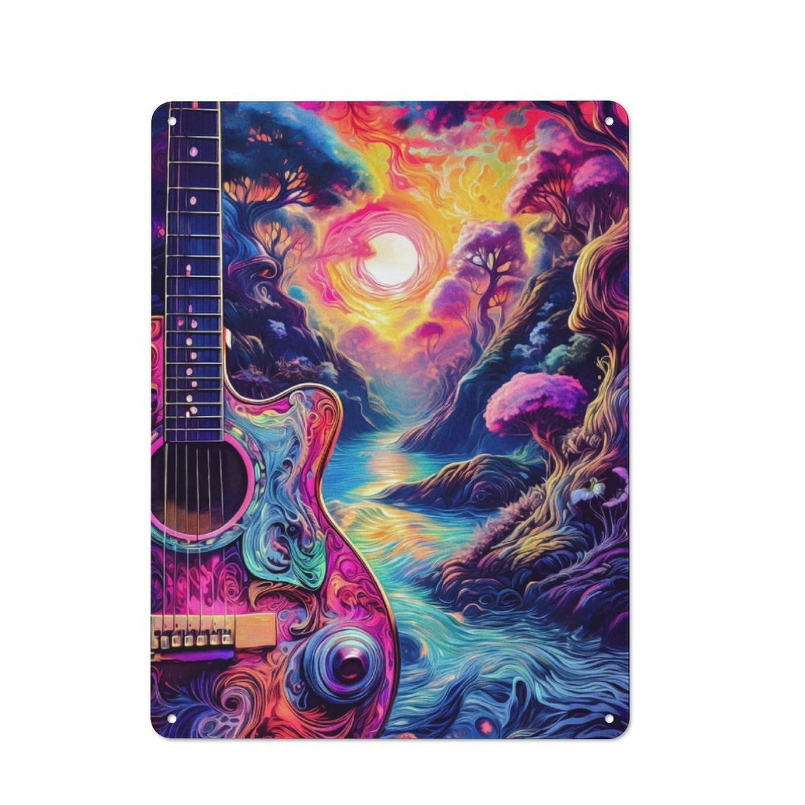 Retro Guitar Fantasy Landscape Metal Wall Plaque 40x30cm, Nostalgic Wall Art for Living Room, Hallway, Kitchen Or Cafe
