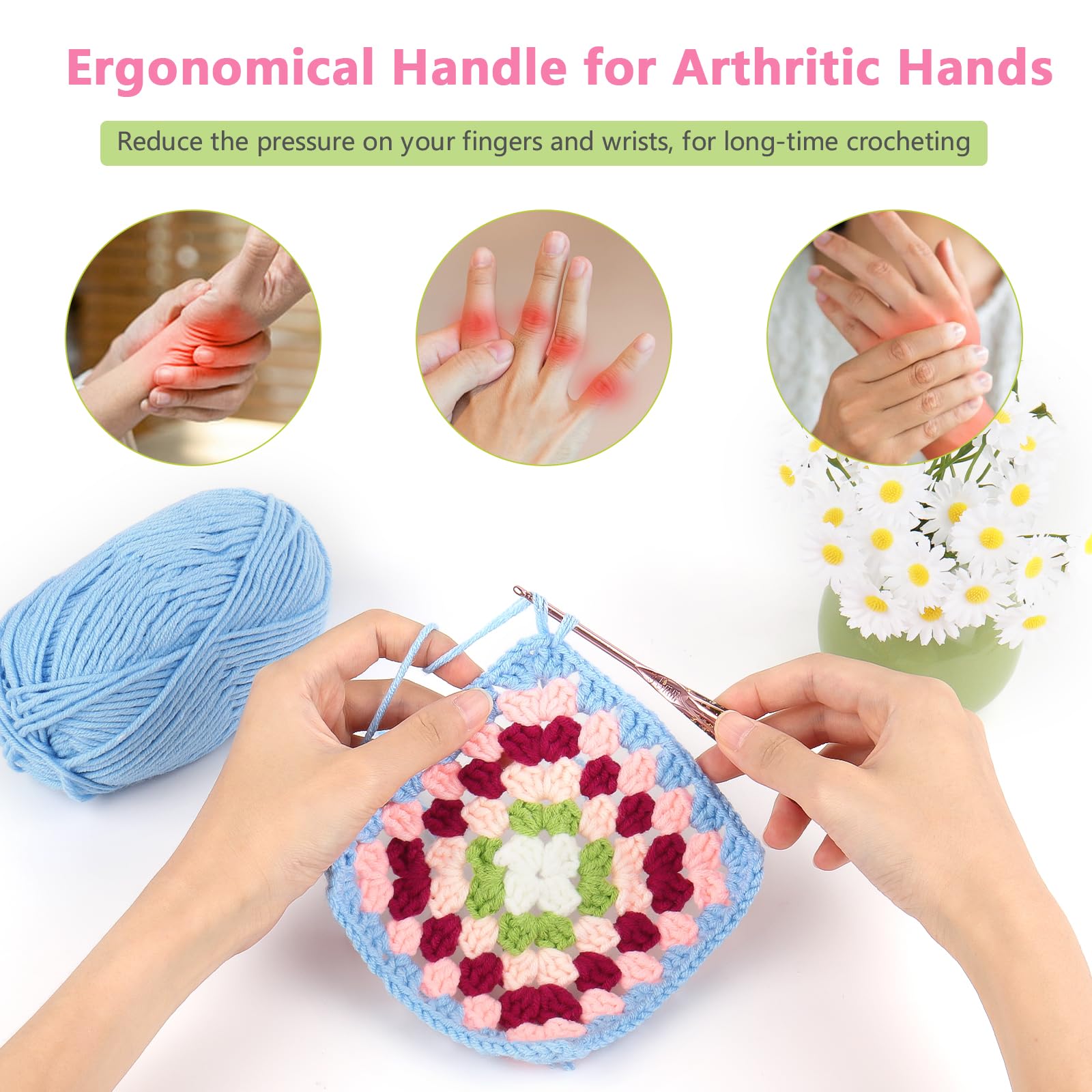 Crochets à Tricoter Ergonomiques Reessy - Poignée Fleurs Séchées, Aluminium, Tailles 2-10 Mm, Idéal Arthrite - 7