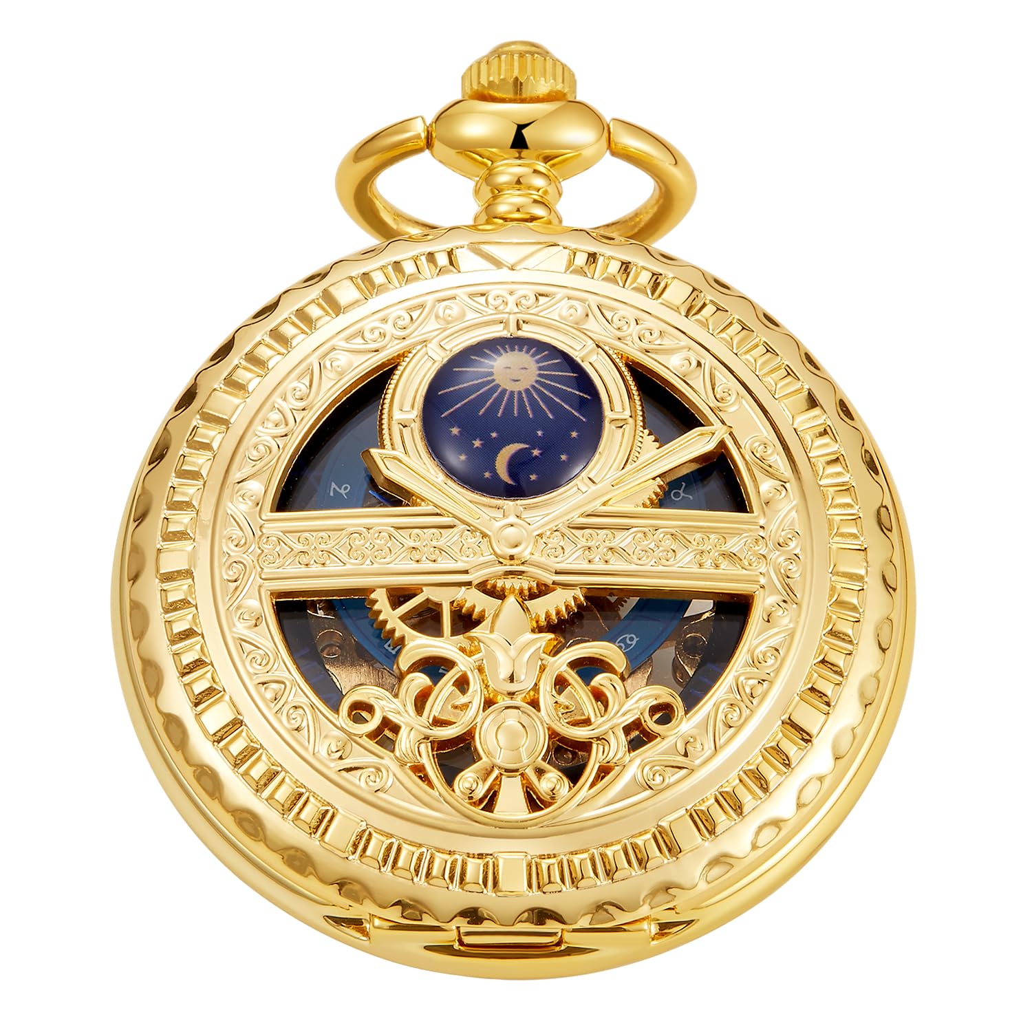 Mens Mechanical Pocket Watch,Roman Numeral Dial Moon Phase Design