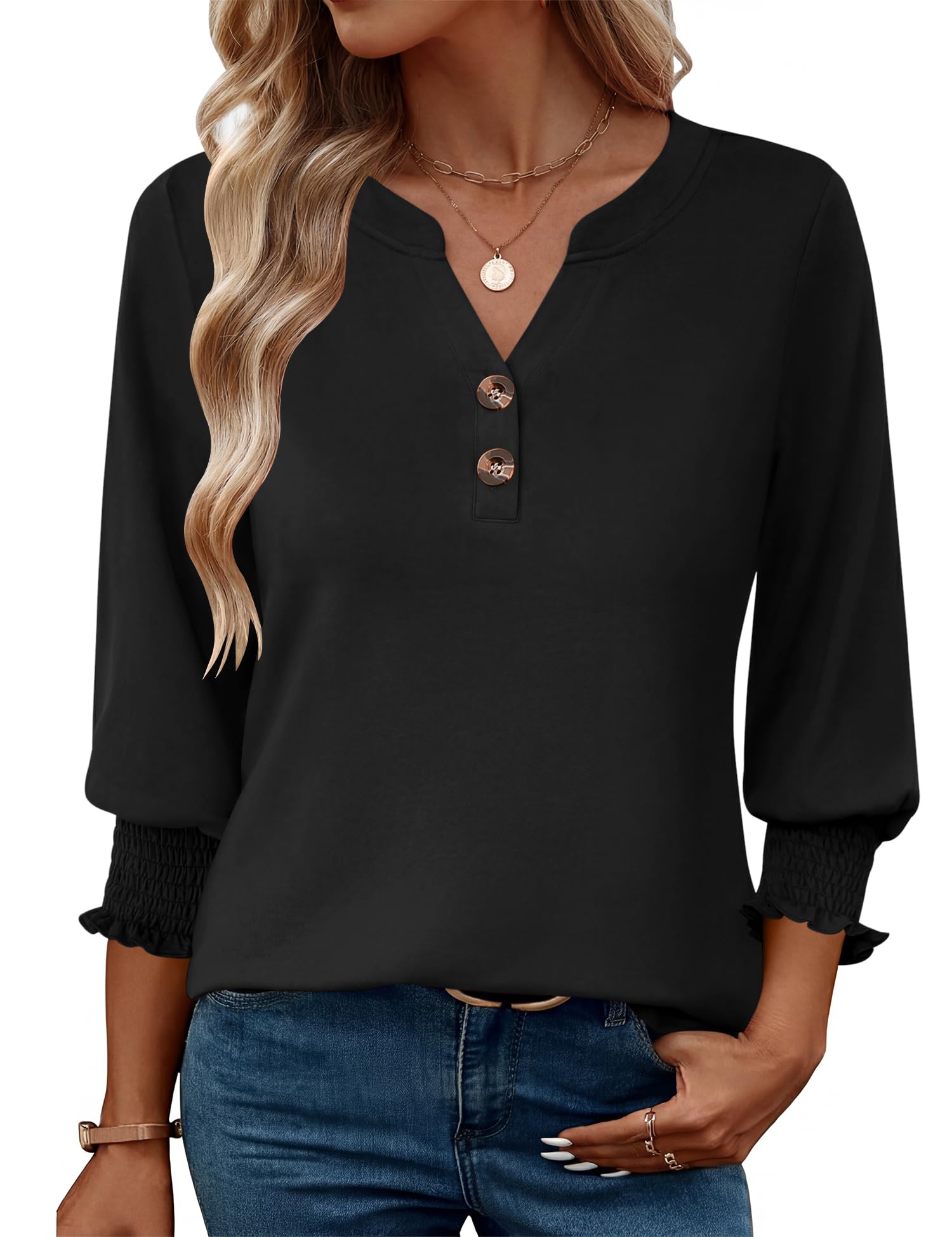 Rapbin Damen Bluse 3/4 Arm V-Ausschnitt Oberteile Knopfleiste Tunika Elegant Lässig Business Blusen Sommer Tops
