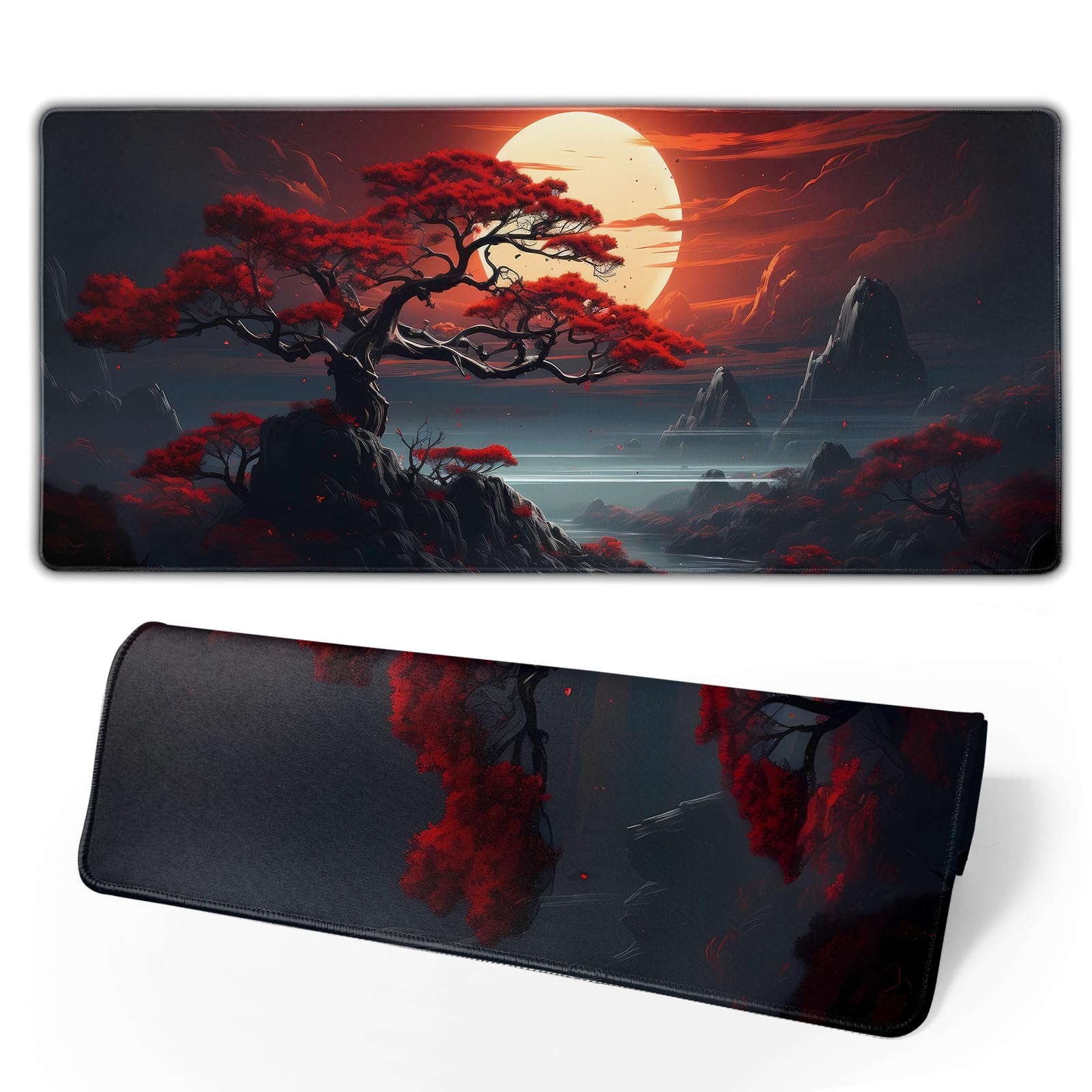 Darkness Red Moon Desk Mat Japanese Mouse Pad, Large Japanese Desk Mat, XL Anime Gaming Keyboard Mat, Non-Slip Rubber Base, Big Extended Desk Protector for Home Office, 31.5”x11.8”