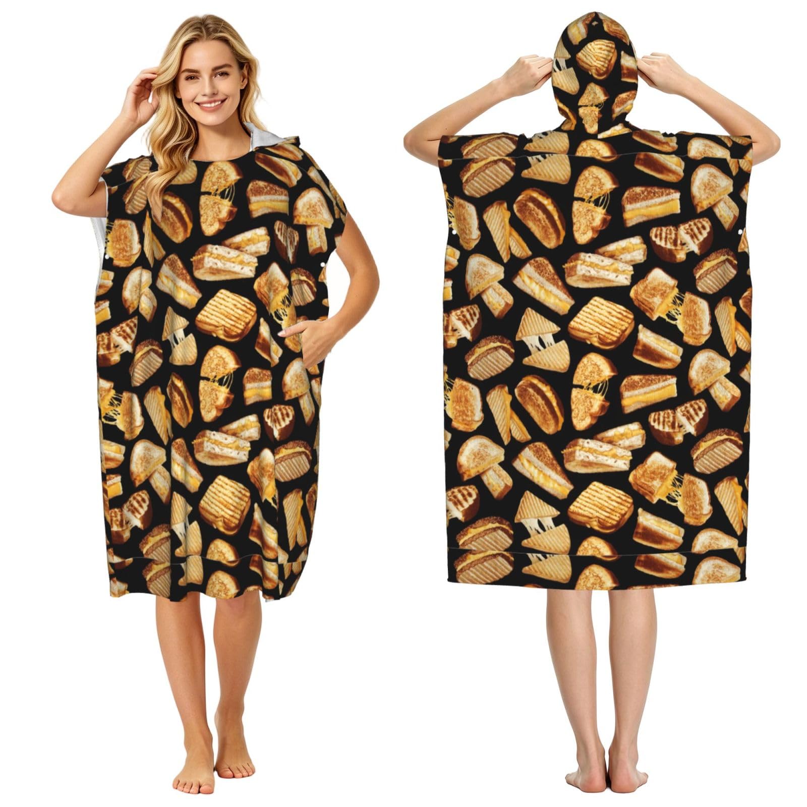 Poadnly Grilled Cheese Sandwiches, Adult Hooded Beach Towel 90 x 110 cm,Changing Bath Robe, Surf Poncho Towel For Women Men