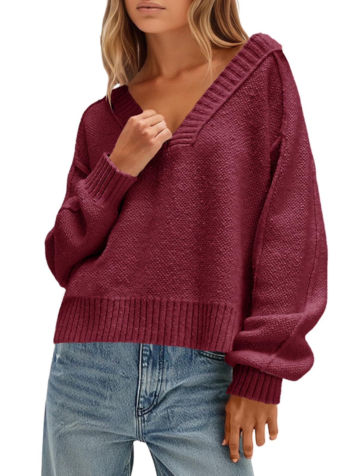 Saodimallsu Womens V Neck Pullover Sweaters Casual Knit Long Sleeve Loose 2025 Fall Cropped Tops