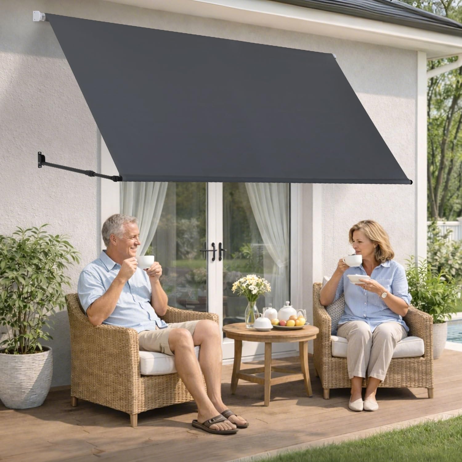 Markise Fallarmmarkise einziehbar 300x150cm, Stützarm 70-120cm verstellbar, 2m Perlenkette, Wandmontage, Sonnenschutz & Windschutz für Balkon Terrasse Garten, Dunkelgrau