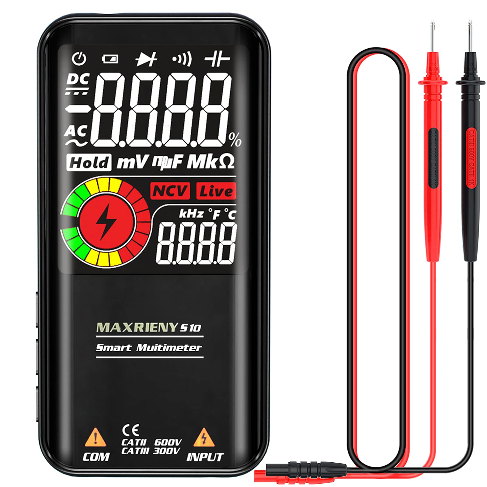 MAXRIENY S10/S11 (Opcional) Pantalla LCD de 3,3 pulgadas Multímetro multifunción Temperatura NCV Resistencia de voltaje Capacitancia Frecuencia Relación de trabajo