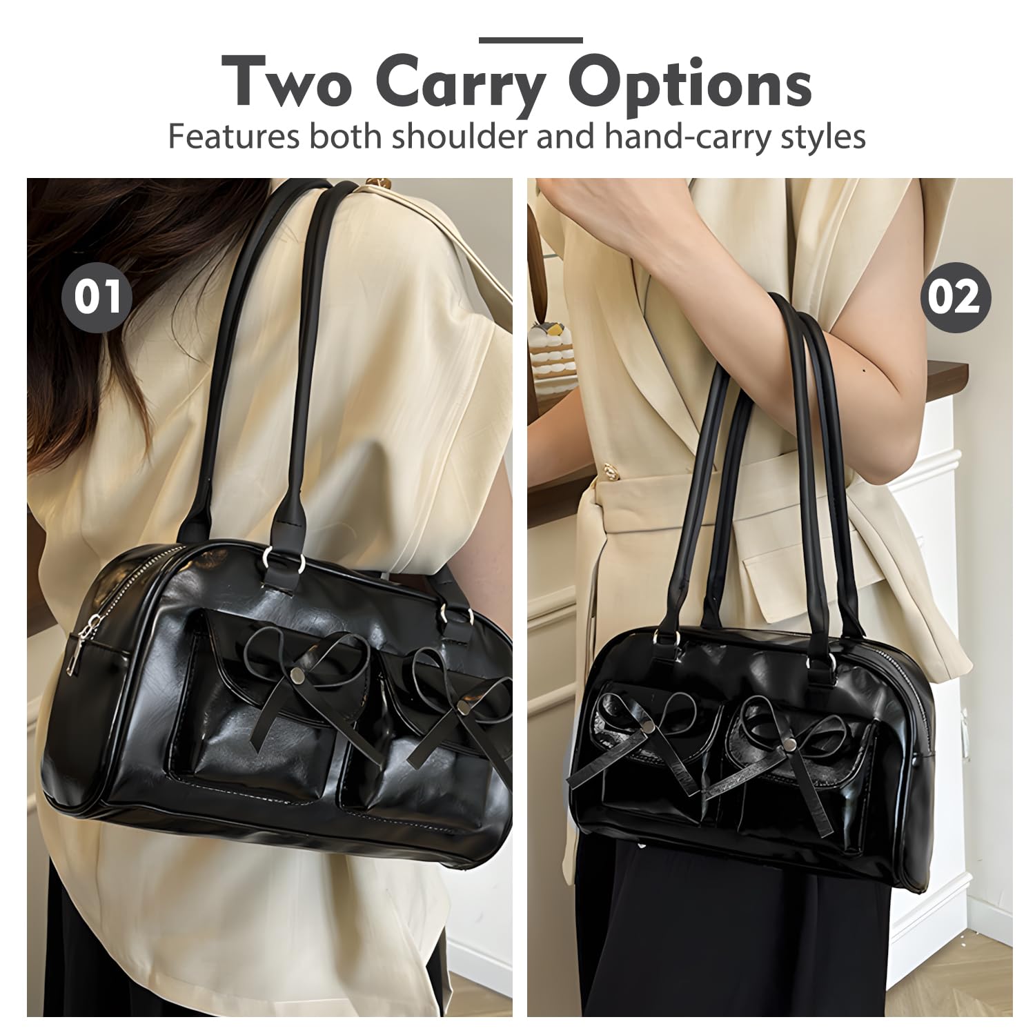 Y2K torebka z kokardką, czarna torebka na ramię dla kobiet, Y2K Punk Style Hobo Bag miękka skóra PU torebka do codziennego użytku