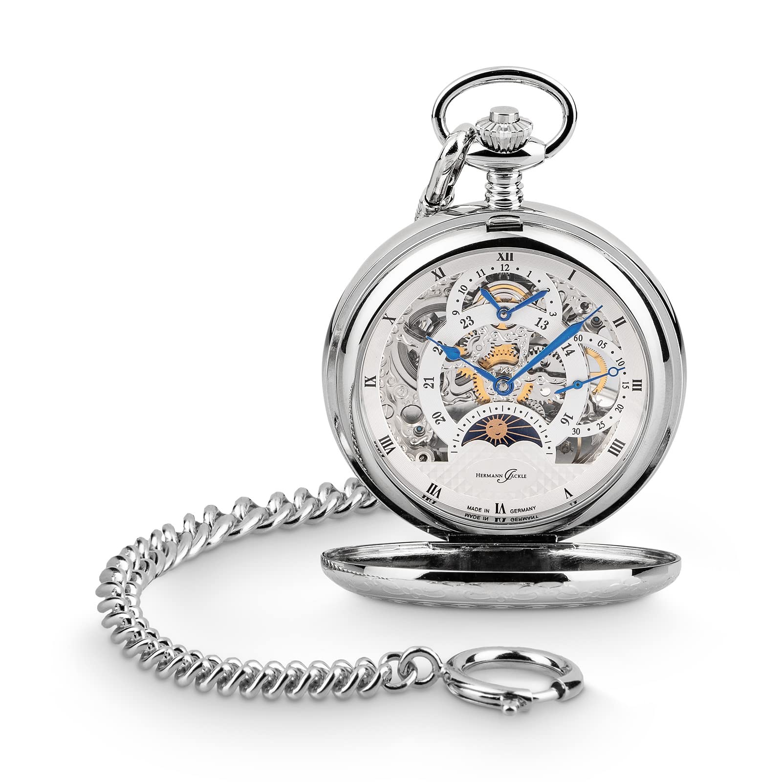 Hermann Jäckle Herren Taschenuhr Calw Skelett Dual Time 50 mm | Made in Germany, Dual Time Anzeige, Handaufzugswerk, beidseitig offen, inklusive Kette und Reiseetui
