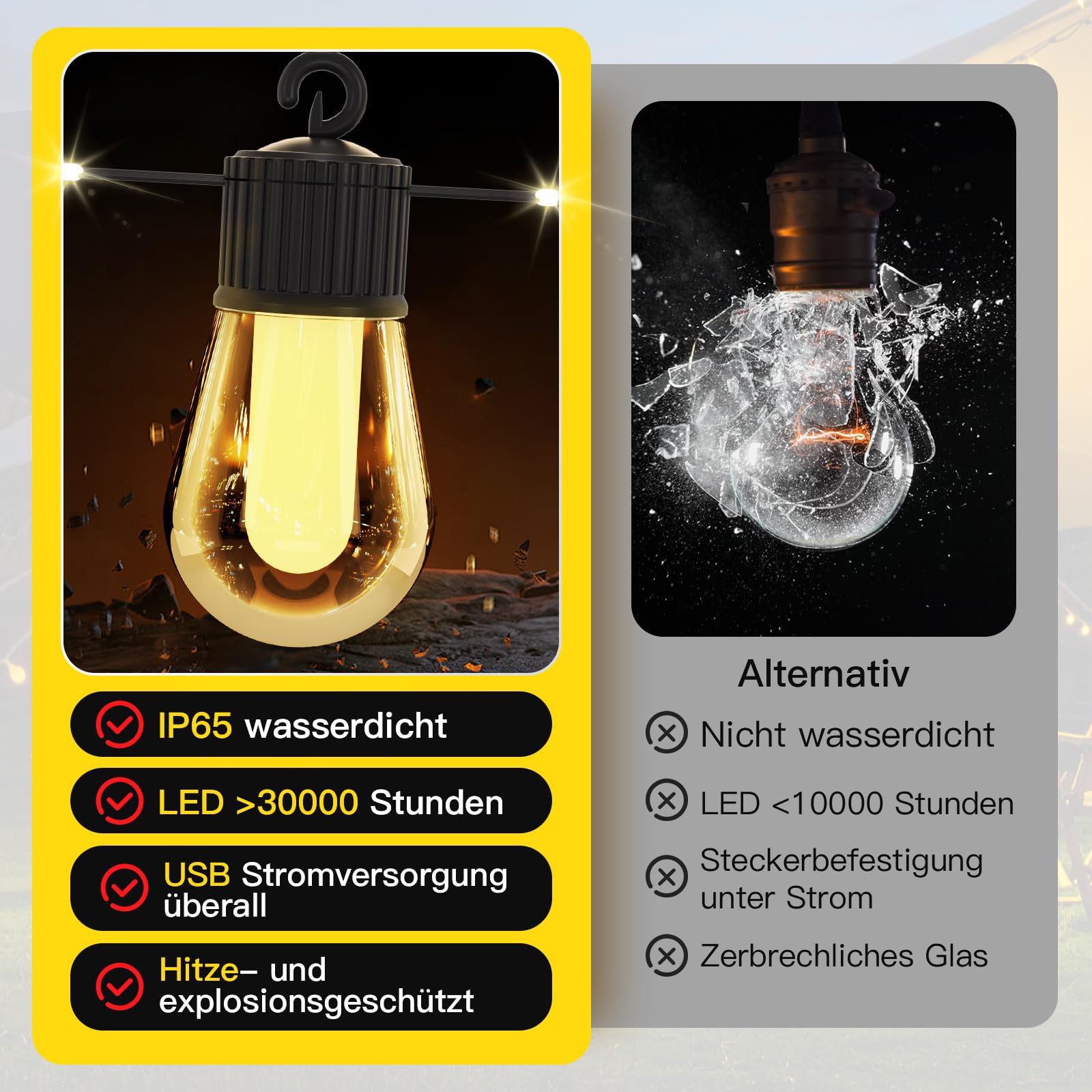15M LED luces de hadas al aire libre de energía 20 RGB S14 bombilla, aplicación inteligente con 99 + modos y temporizador, para fiesta, boda, jardín, balcón （USB）
