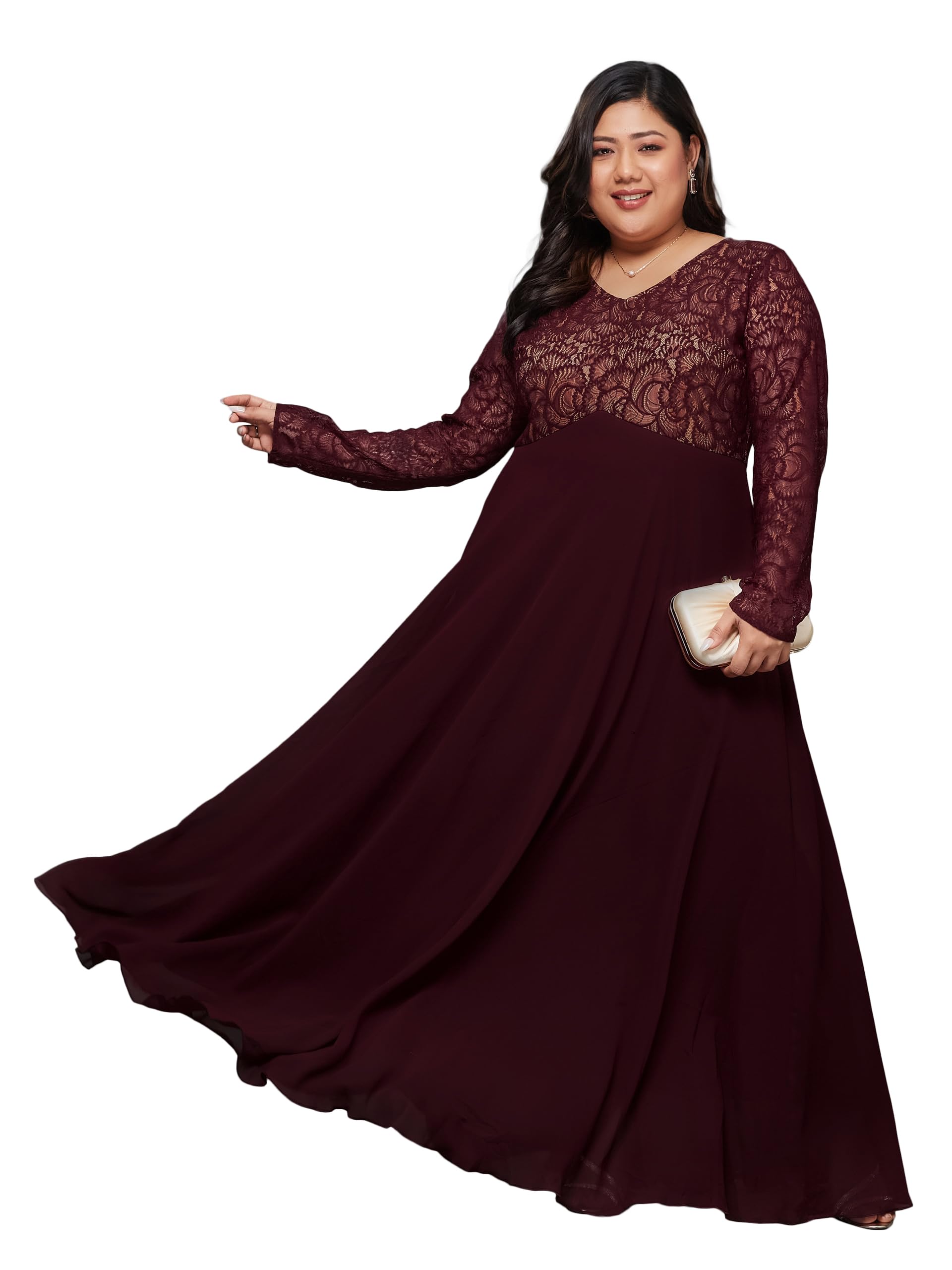 miss chase a+ Women's V-Neck Full Sleeve Self Design Lace Overlaid Maxi Dress with Pockets-picture-25