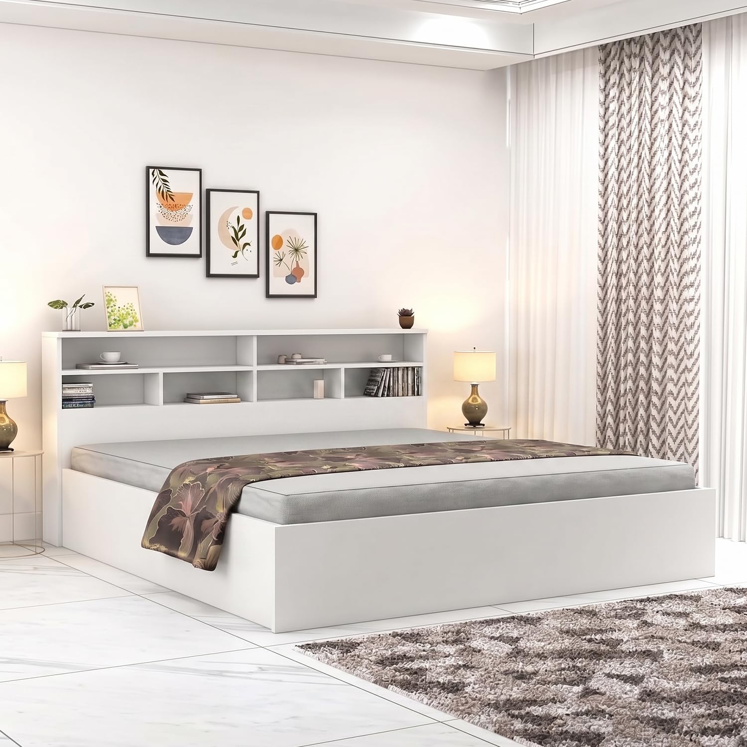 designfit engineered wood king size bed with box storage | wooden double bed cot palang furniture | modern storage bed frame for bedroom living room (white finish)