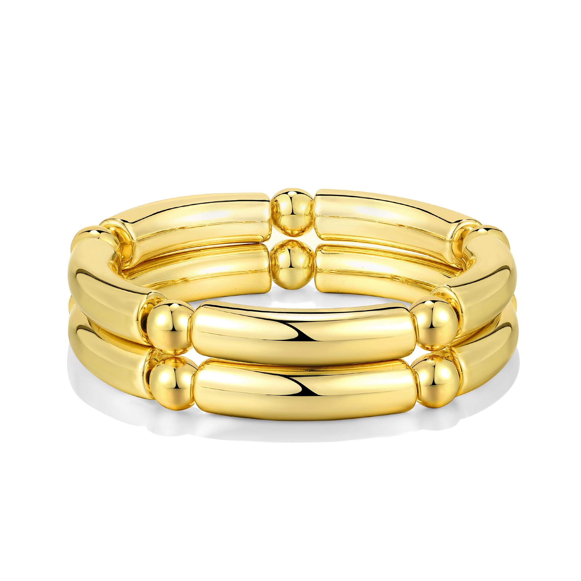 Gold Chunky Bangles Bracelets For Women 14k Gold Plated Stack Layered Curved Bamboo Tube Stretch Bracelets Gift Jewelry