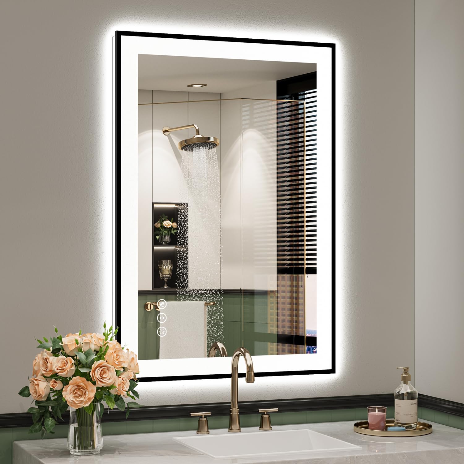 24x36 LED Bathroom Mirror with Lights, Black Framed Lighted Mirror