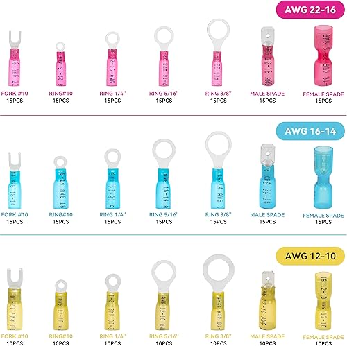 Miniatura 2 de HKS Kit de conectores de cable termorretráctil, 280 unidades, 12-10, 16-14, 22-16 AWG, cobre rojo estañado, terminal de empalme a tope de horquilla