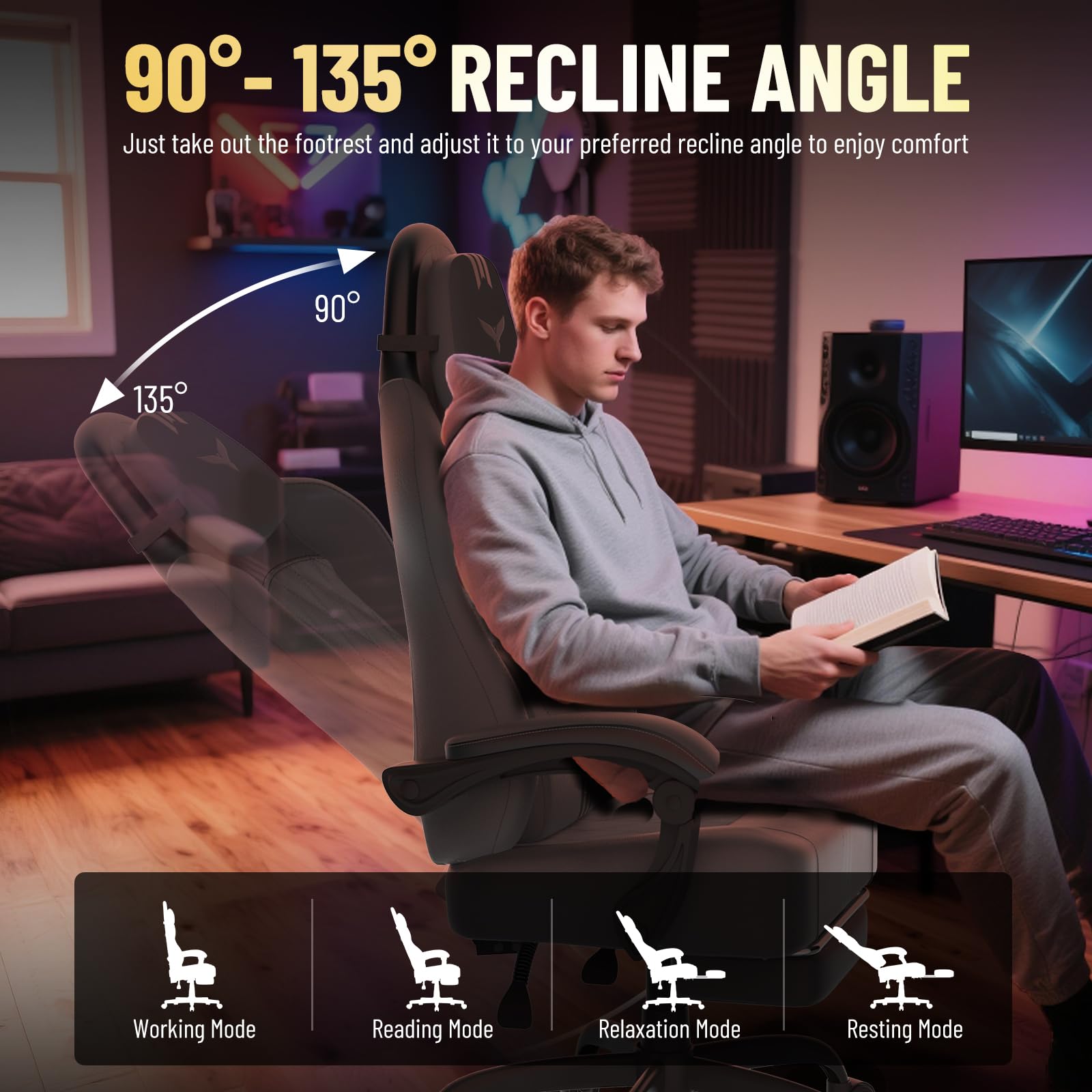 Ferghana Sedia Gaming Ergonomica - Pelle PU Facile da Pulire, Supporto Lombare, Poggiatesta, Poggiapiedi, Altezza Regolabile, Girevole, Adatta Anche Come Sedia Ufficio, Scrivania, PC (Grigio-Nero)