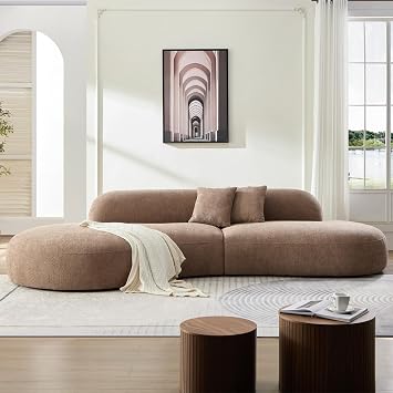 Curved Boucle Sectional Sofa, 135.4" 7 Seater Deep Seat, Camel
