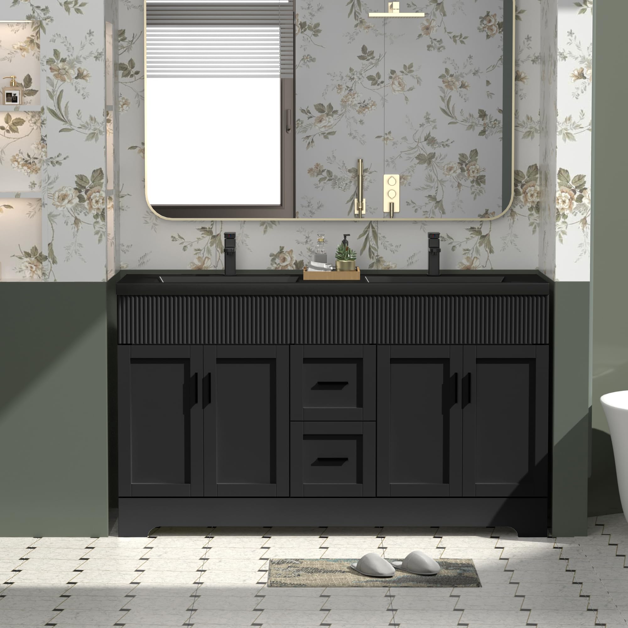 eclife 60" Bathroom Vanities Sink Combo with Painted Surface, Modern Drawered Cabinet W/Decorative Wave Lines, Undermount Double Black Sink, Matte Black Faucet Drain, Black