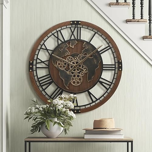 Miniatura 9 de Micasso Reloj de engranajes grandes de 27 pulgadas con mapa del mundo, reloj de pared con engranajes móviles reales marrones de gran tamaño, marco