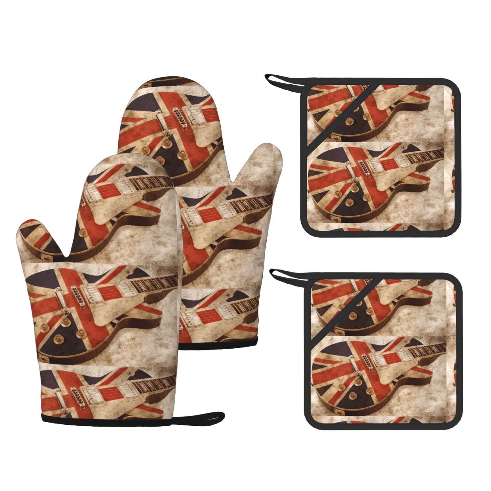 Guitar British Flag Printed Oven Mitts and Pot Holders Set of 4, Heat Resistant Silicone Gloves for Baking Grilling