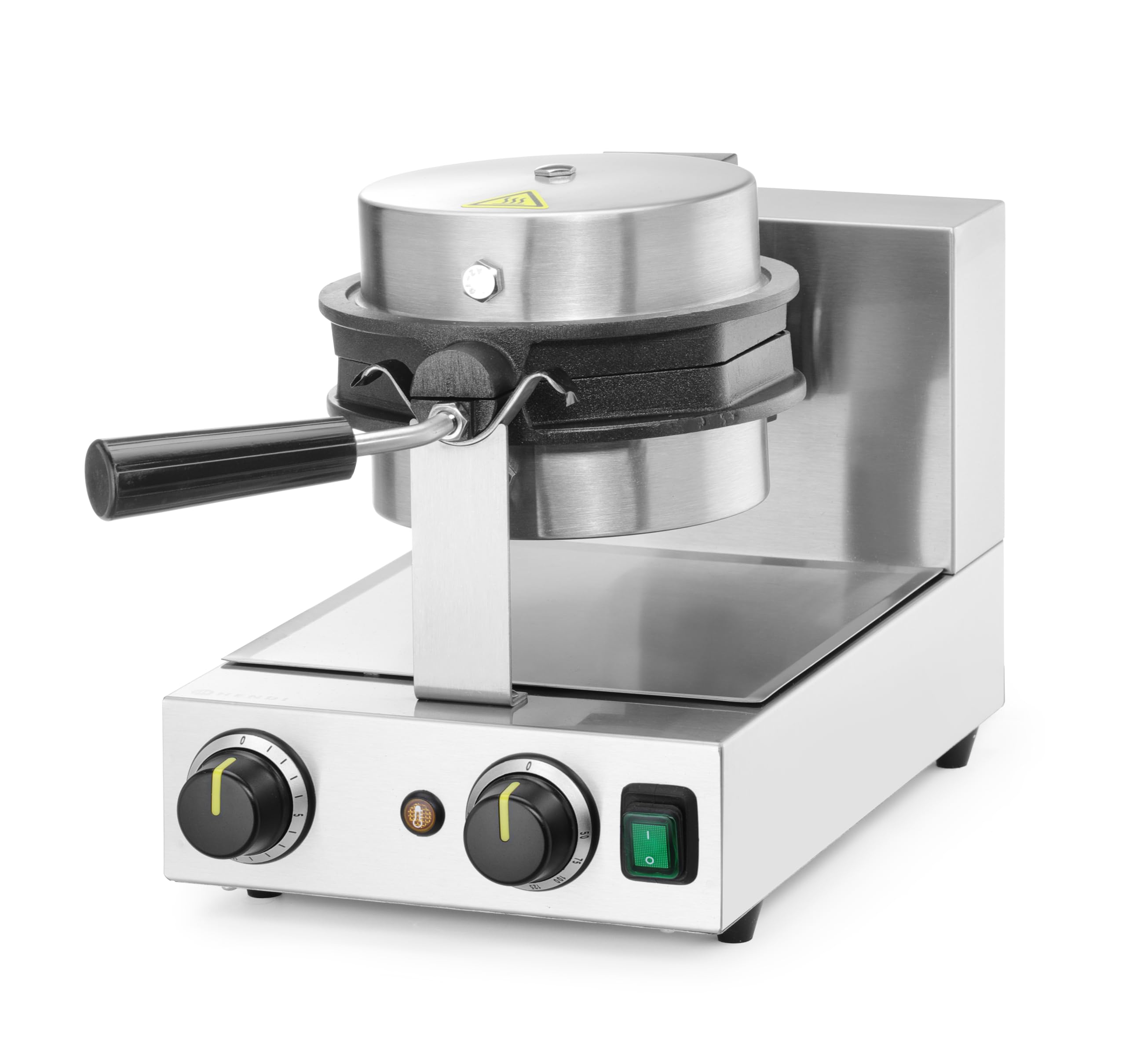 HENDI Máquina eléctrica giratoria para hacer gofres de burbujas, gofrera bubble waffles, waflera, placas antiadherentes de aluminio fundido, 50°C-210°C, 1500W, 255x560x(H)318mm, acero inoxidable